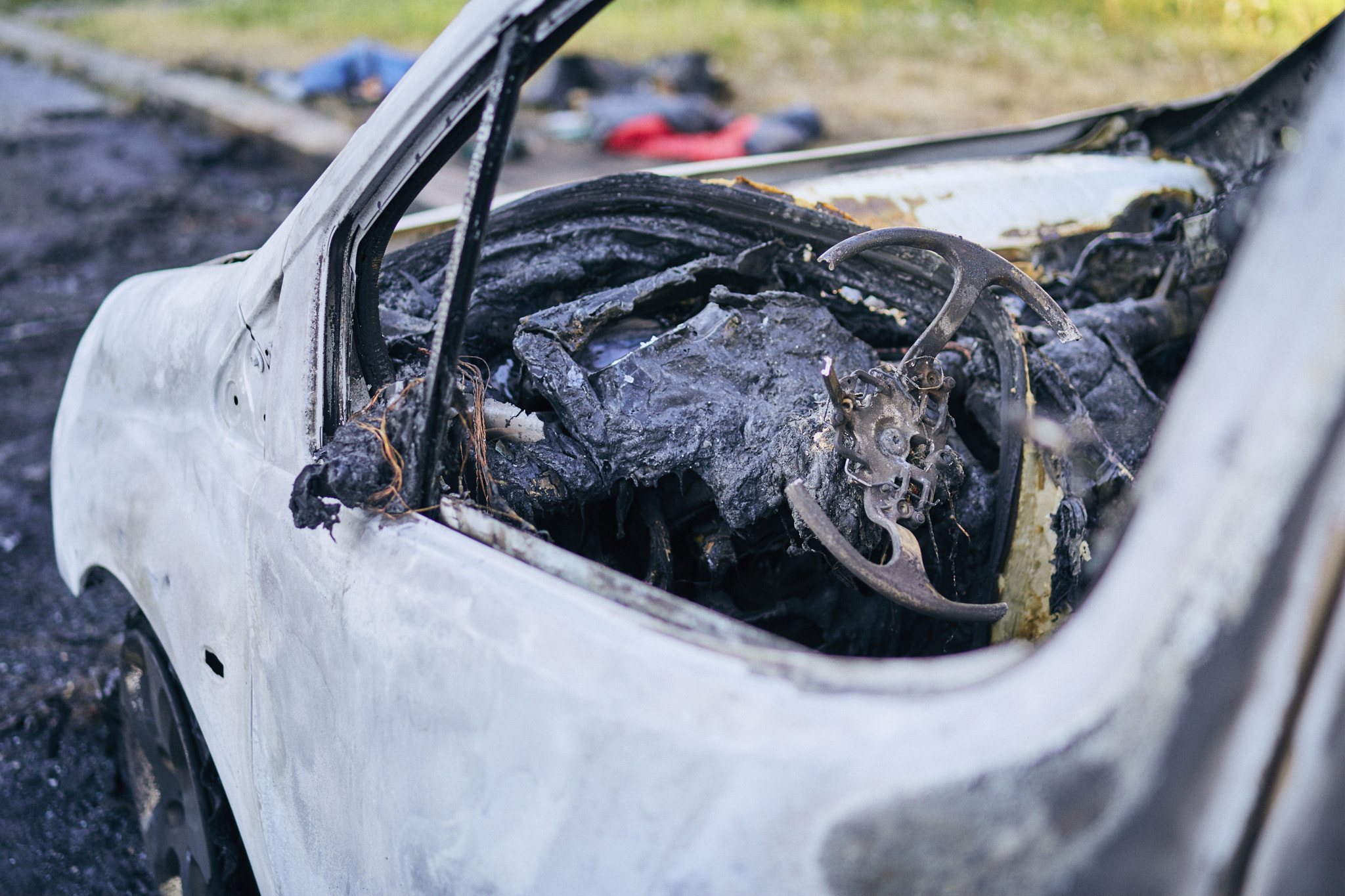 Burnt wreck of car
