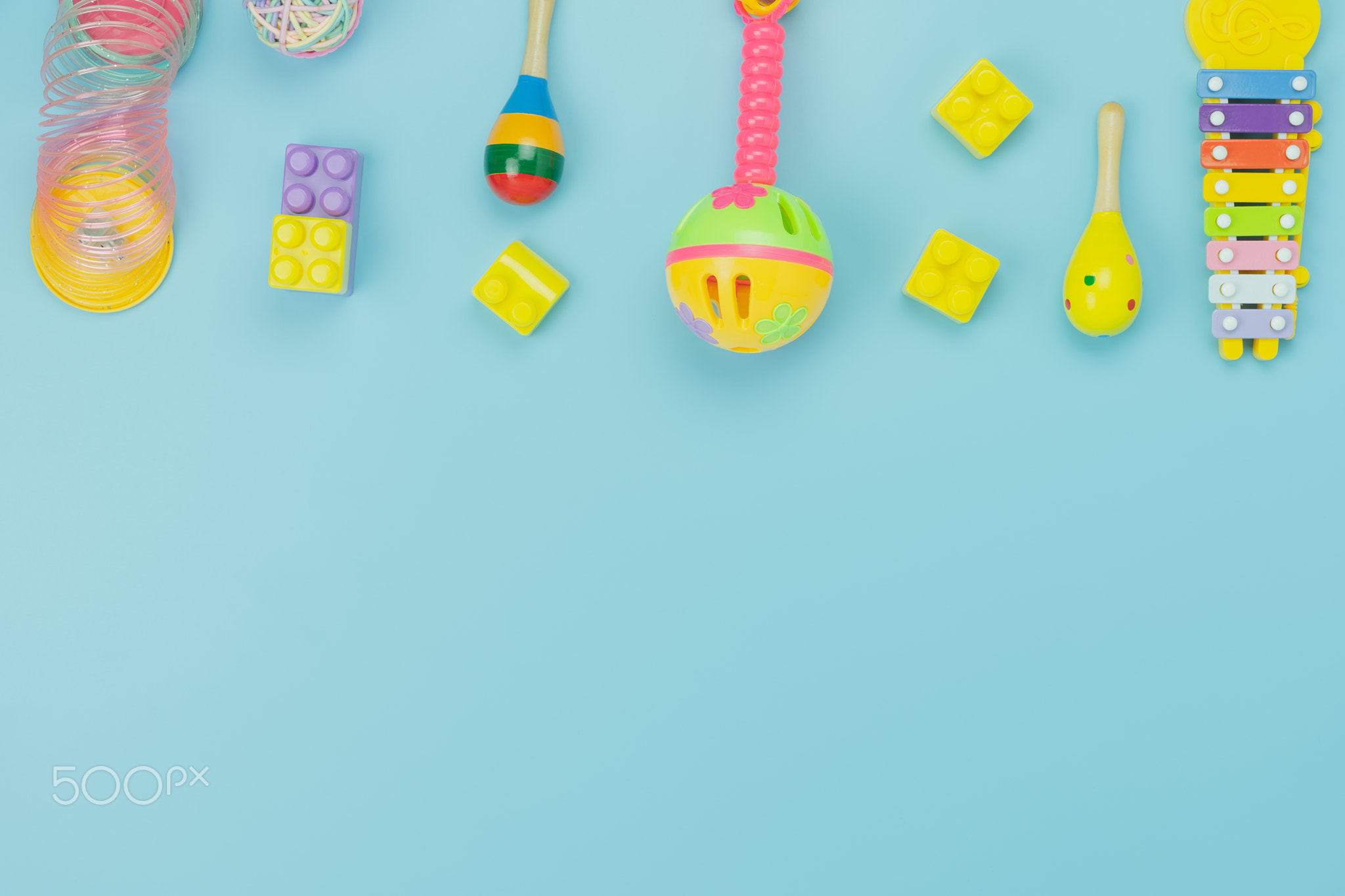 Table top view decoration kid toys for develop background concept.Flat lay accessories baby to play