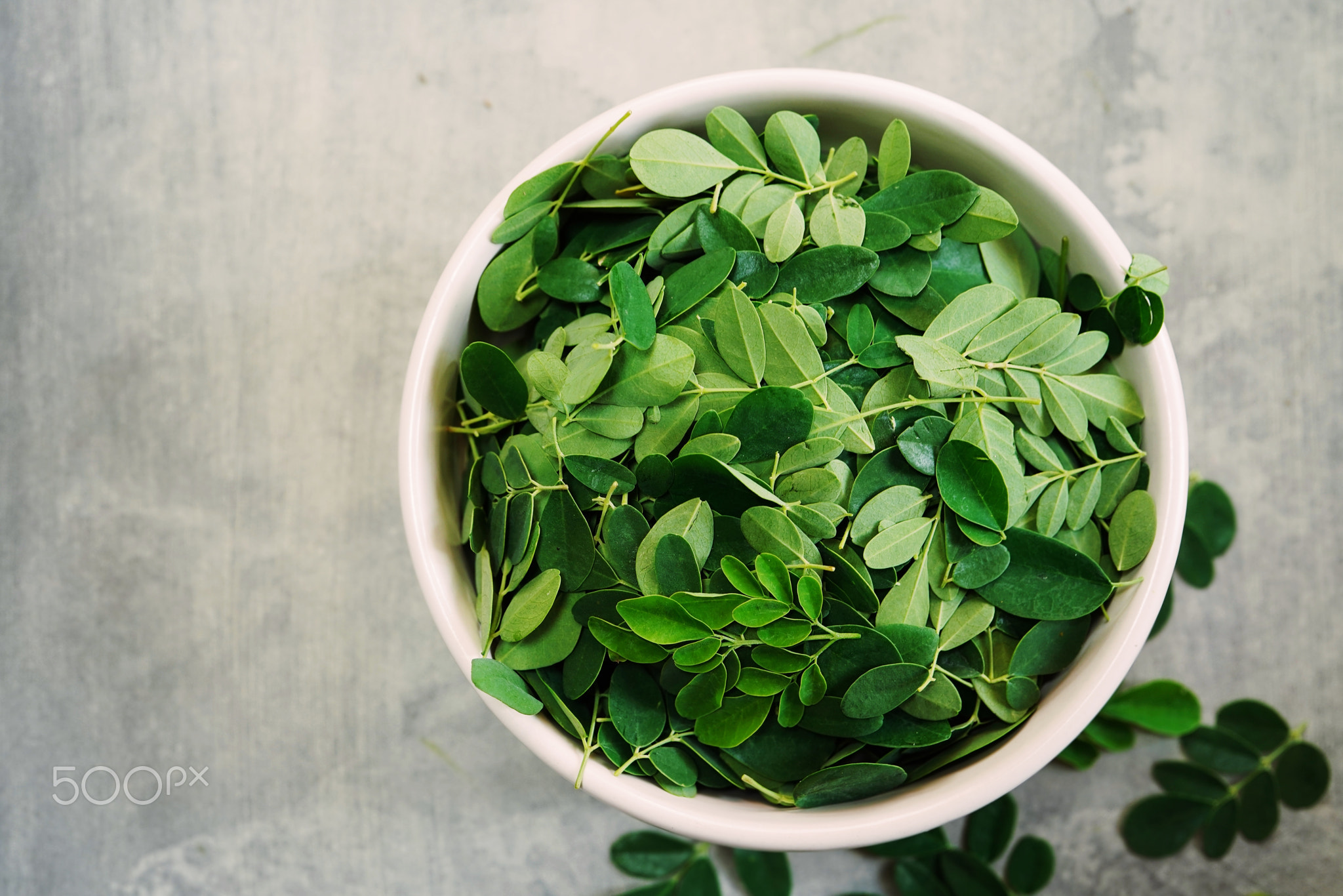 Fresh Moringa  leaves in a bowl, selective focus