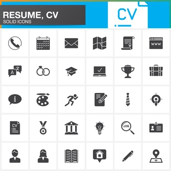 Vector icons set for Resume or CV. Modern solid symbol collection, filled pictogram pack isolated on