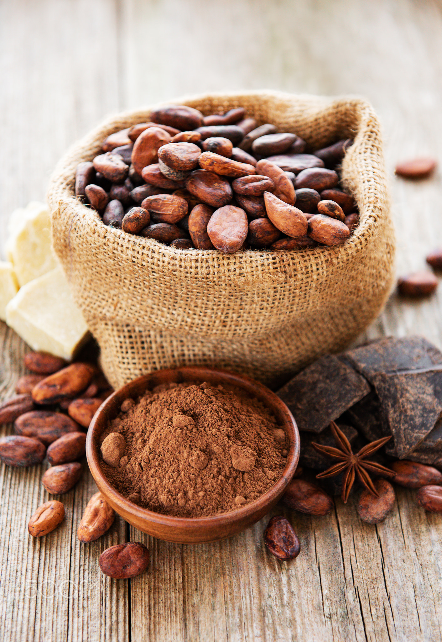 Cacao beans and chocolate in the bag