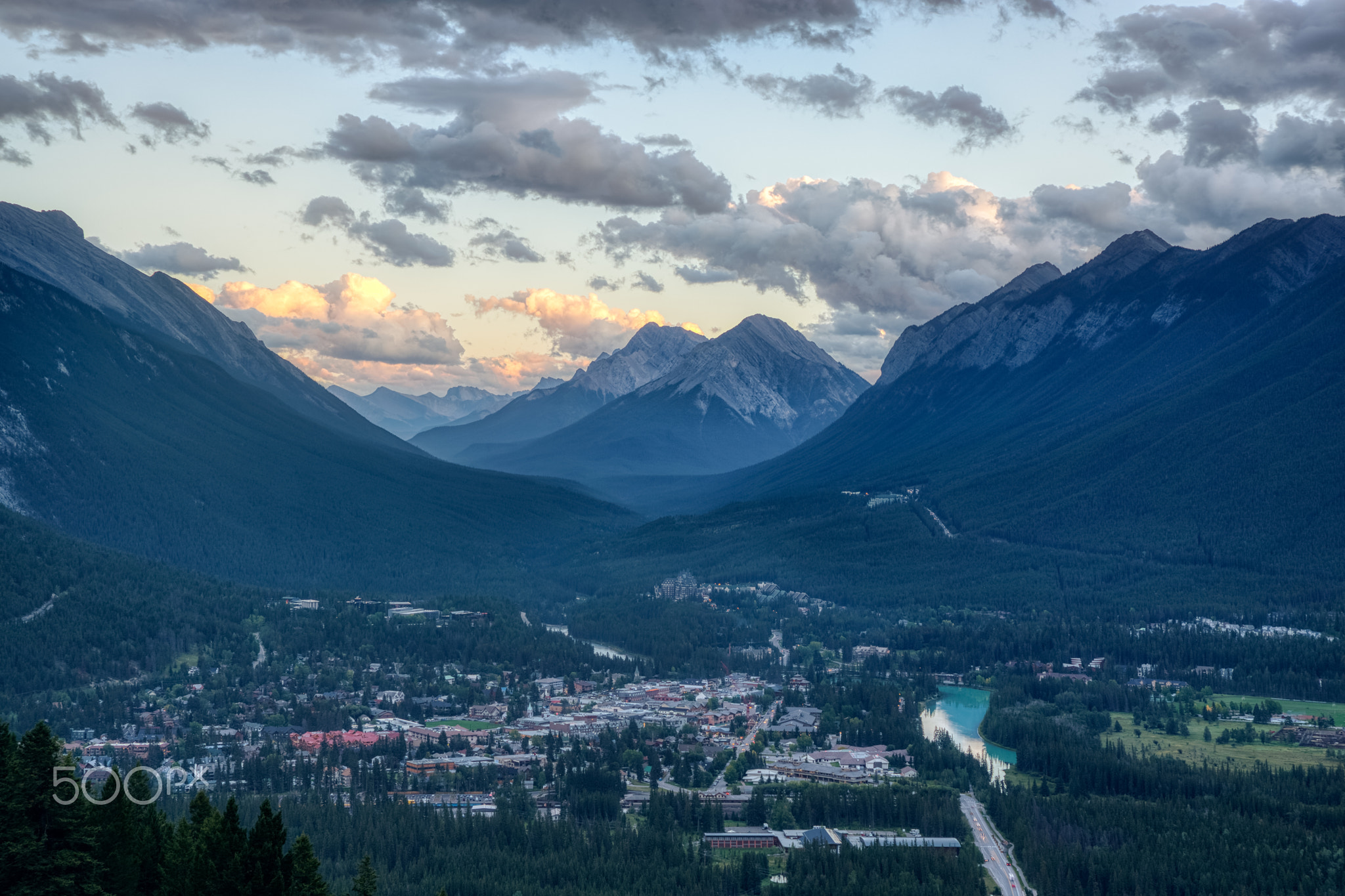 Aerial View of Banff at Sunset