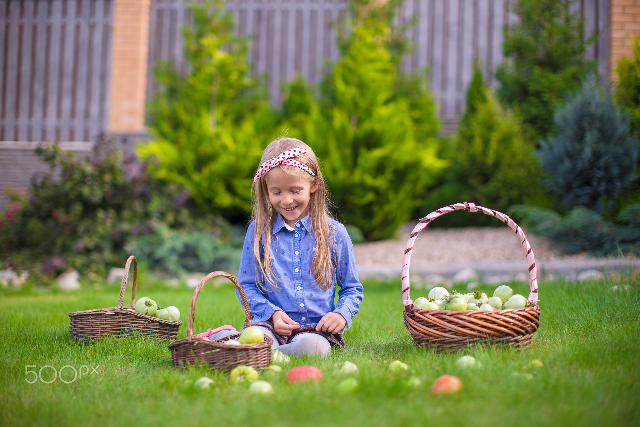 Adorable little girl with autumn harvest of tomato on the lawn