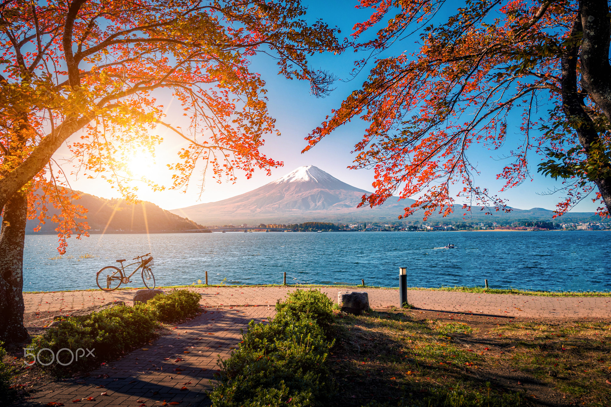 Mt. Fuji over Lake Kawaguchiko with bicycle and autumn foliage a