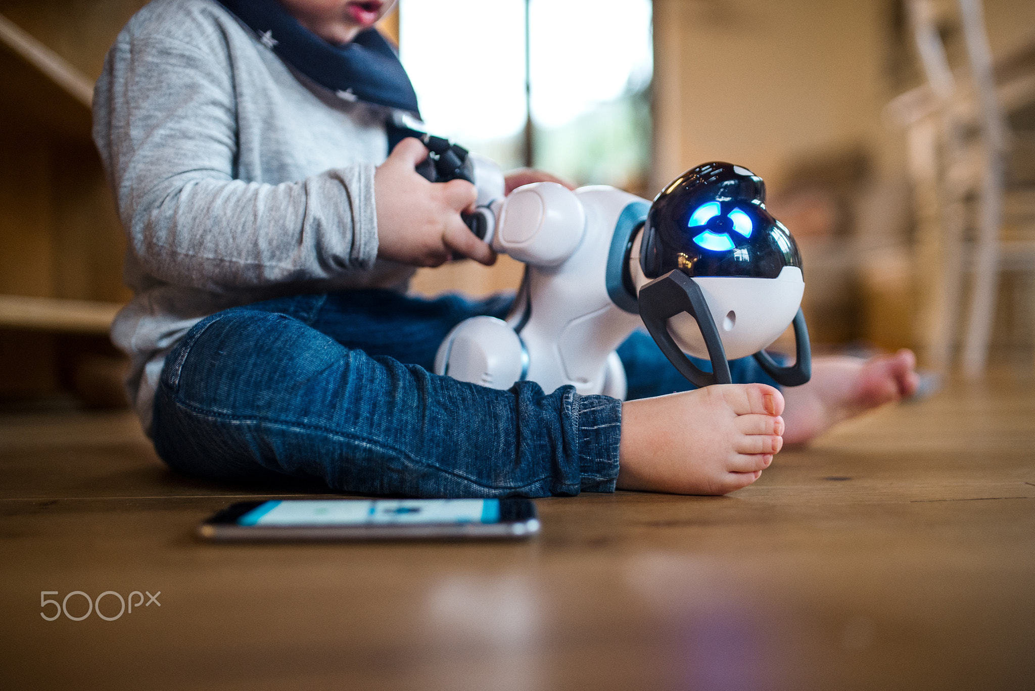 A midsection of toddler boy sitting indoors at home, playing with robotic dog.