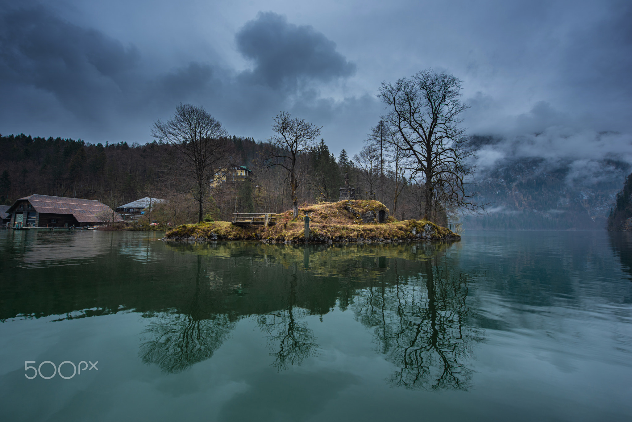 Scenic view of Königssee Lake, Germany in the cloudy day during