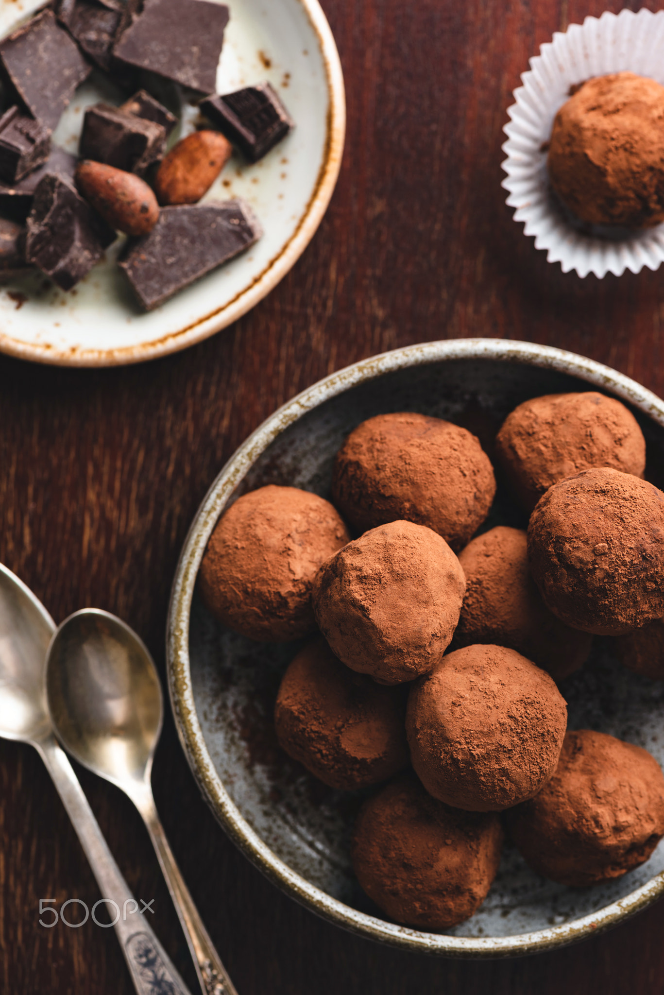 Dark chocolate truffles with raw cocoa powder