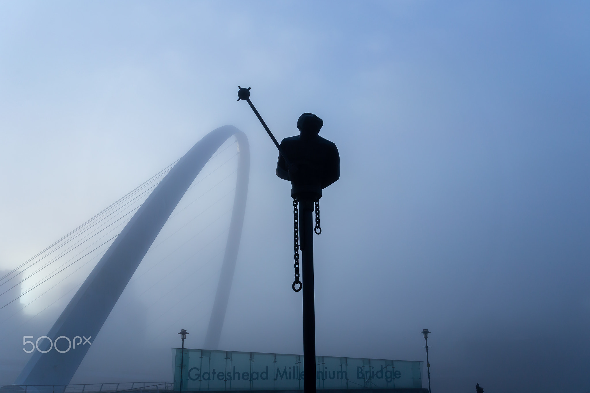 River God sculpture shrouded in fog at the Quayside, Newcastle, UK