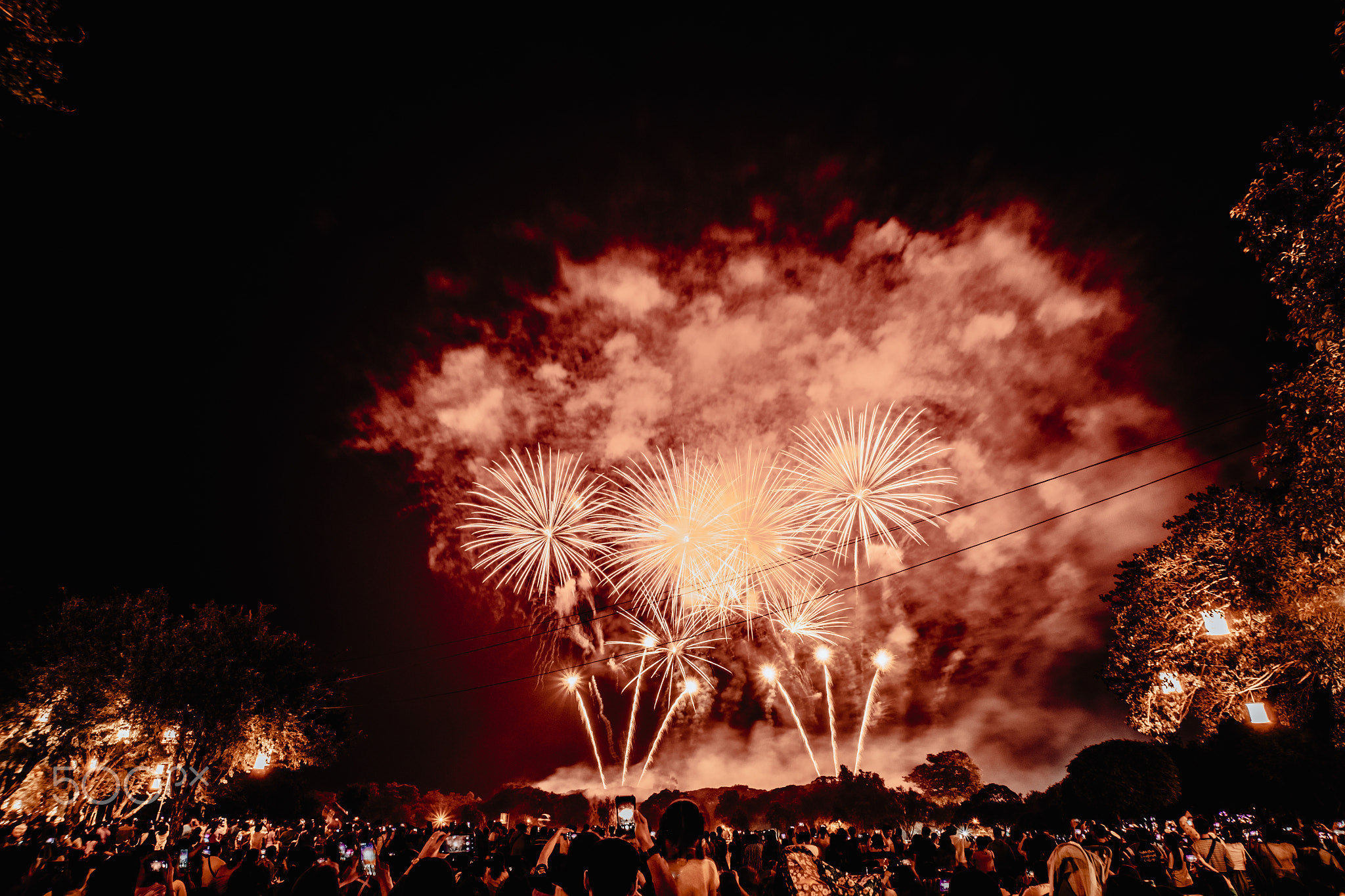 Group of people watching fireworks and using cellphones to record event. People capturing a firework