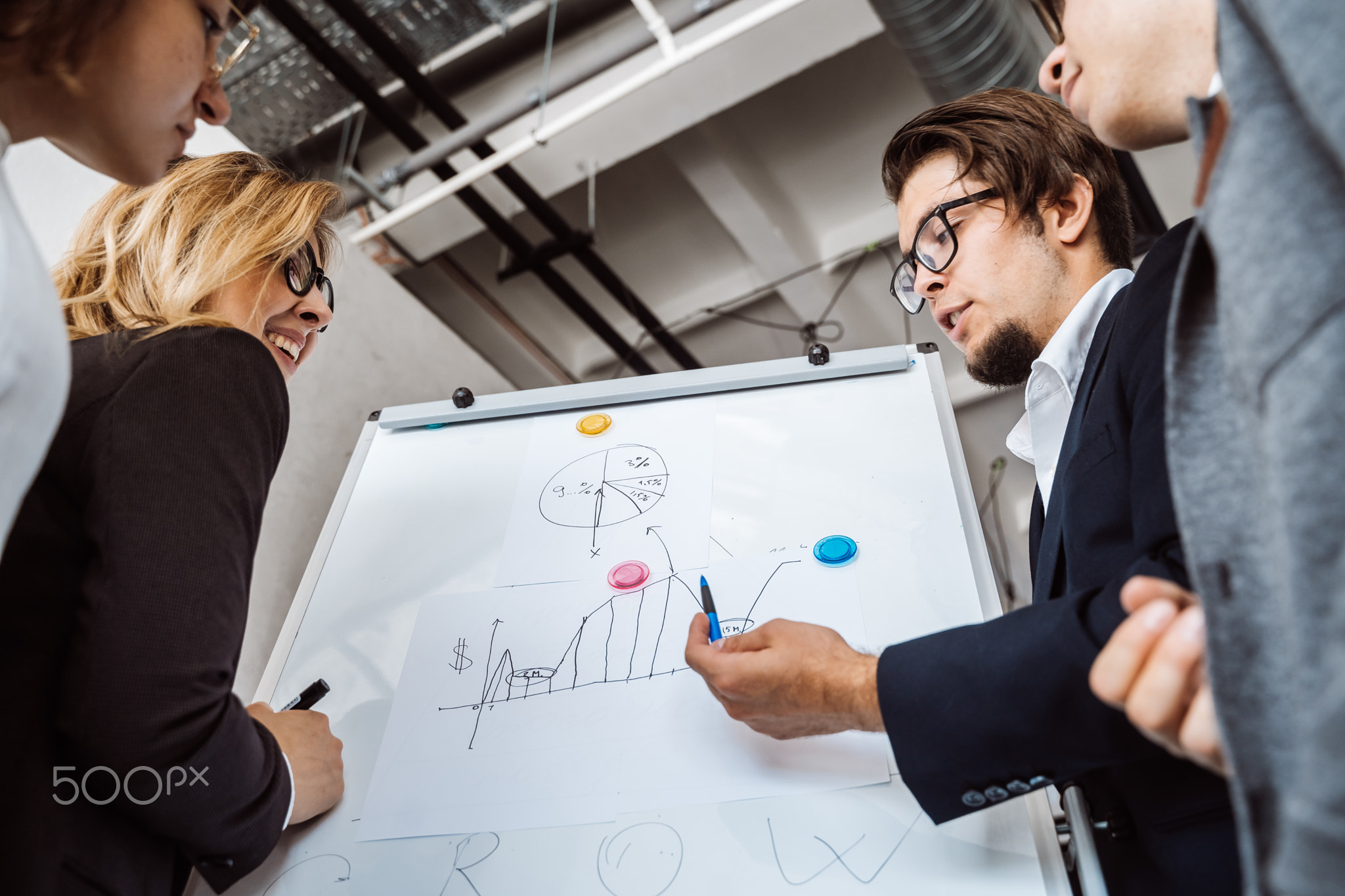 Businesspeople with whiteboard discussing strategy in a meeting