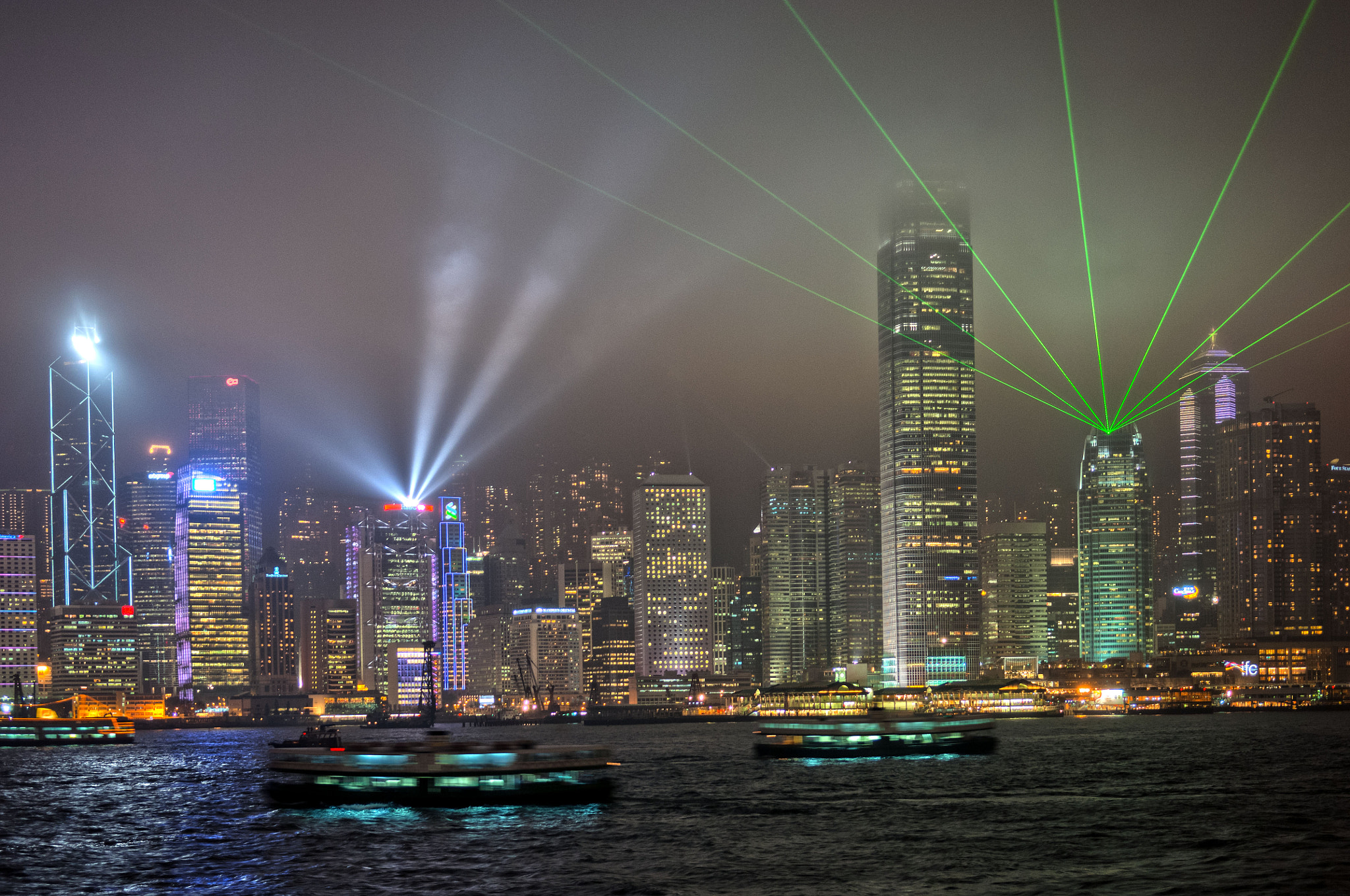 A Misty Night at the Hong Kong Light Show