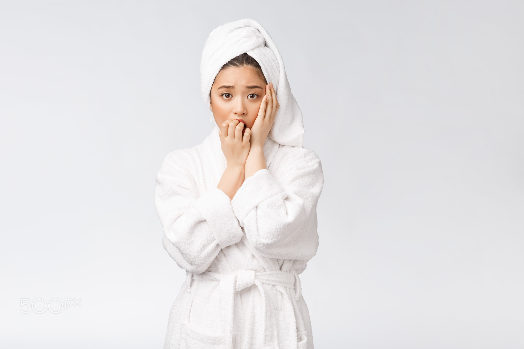 Spa skincare beauty Asian woman drying hair with towel on head after