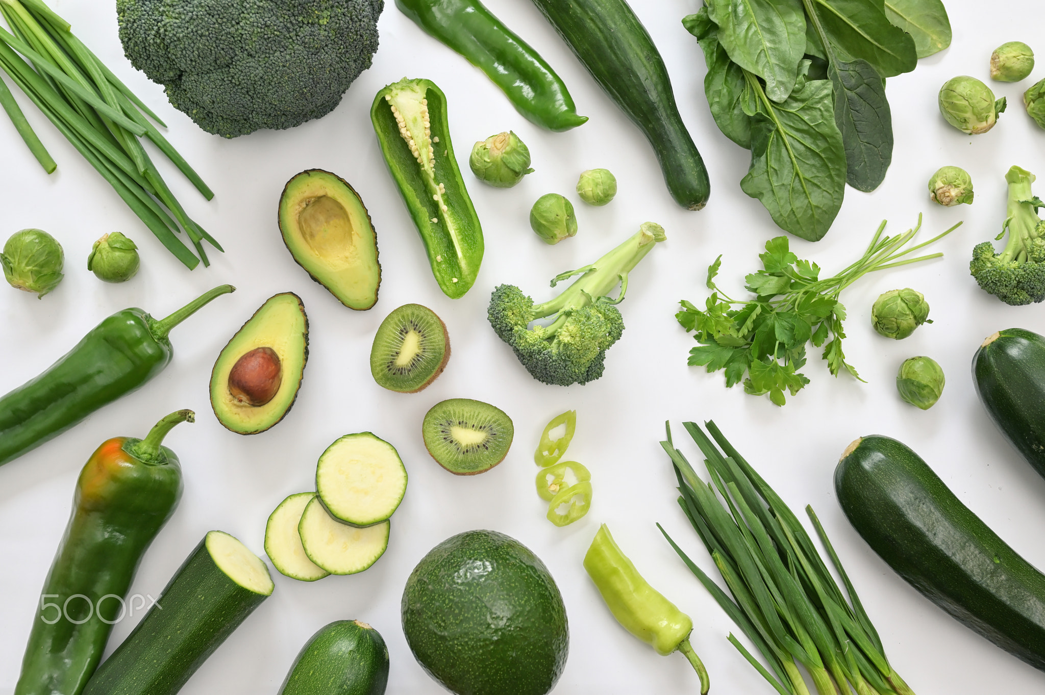 Green Vegetables And Fruits On White Background