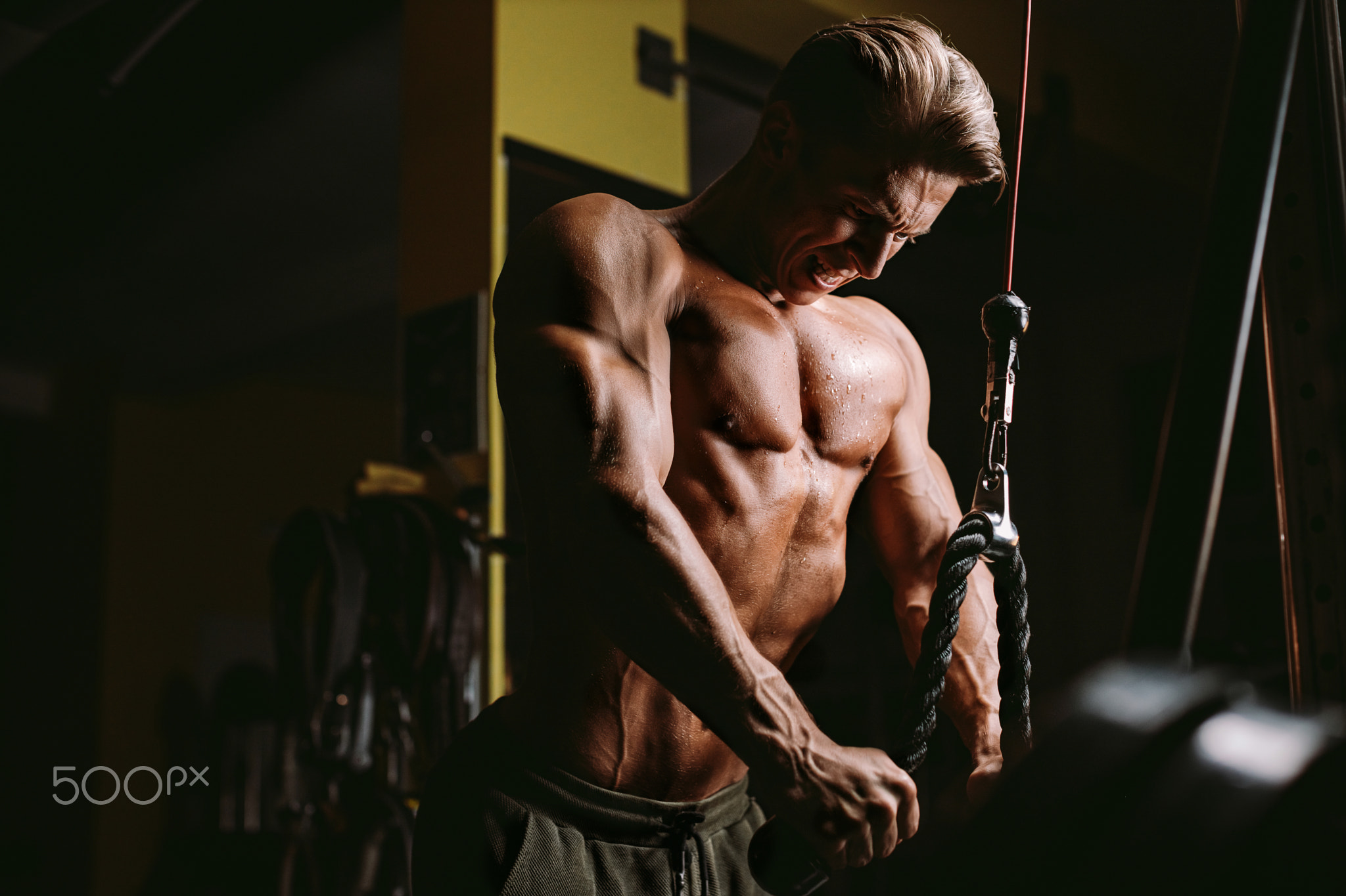 fitness bodybuilder works out pushing up excercise in gym