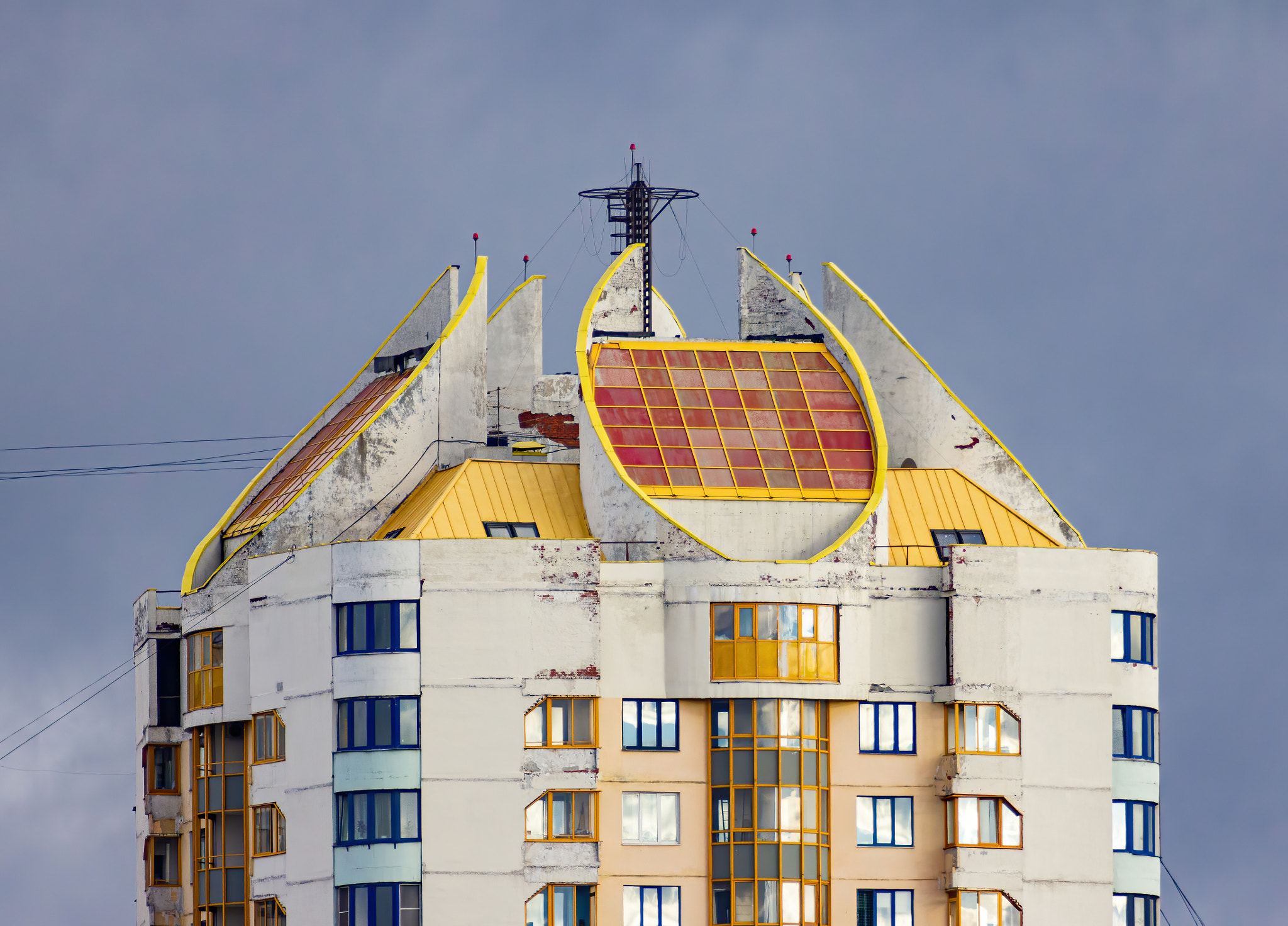 High-rise building with a solar-powered roof.