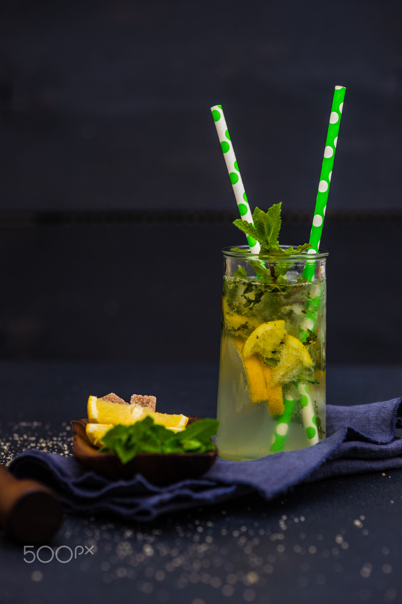 Gin and tonic cocktail with lemon and mint