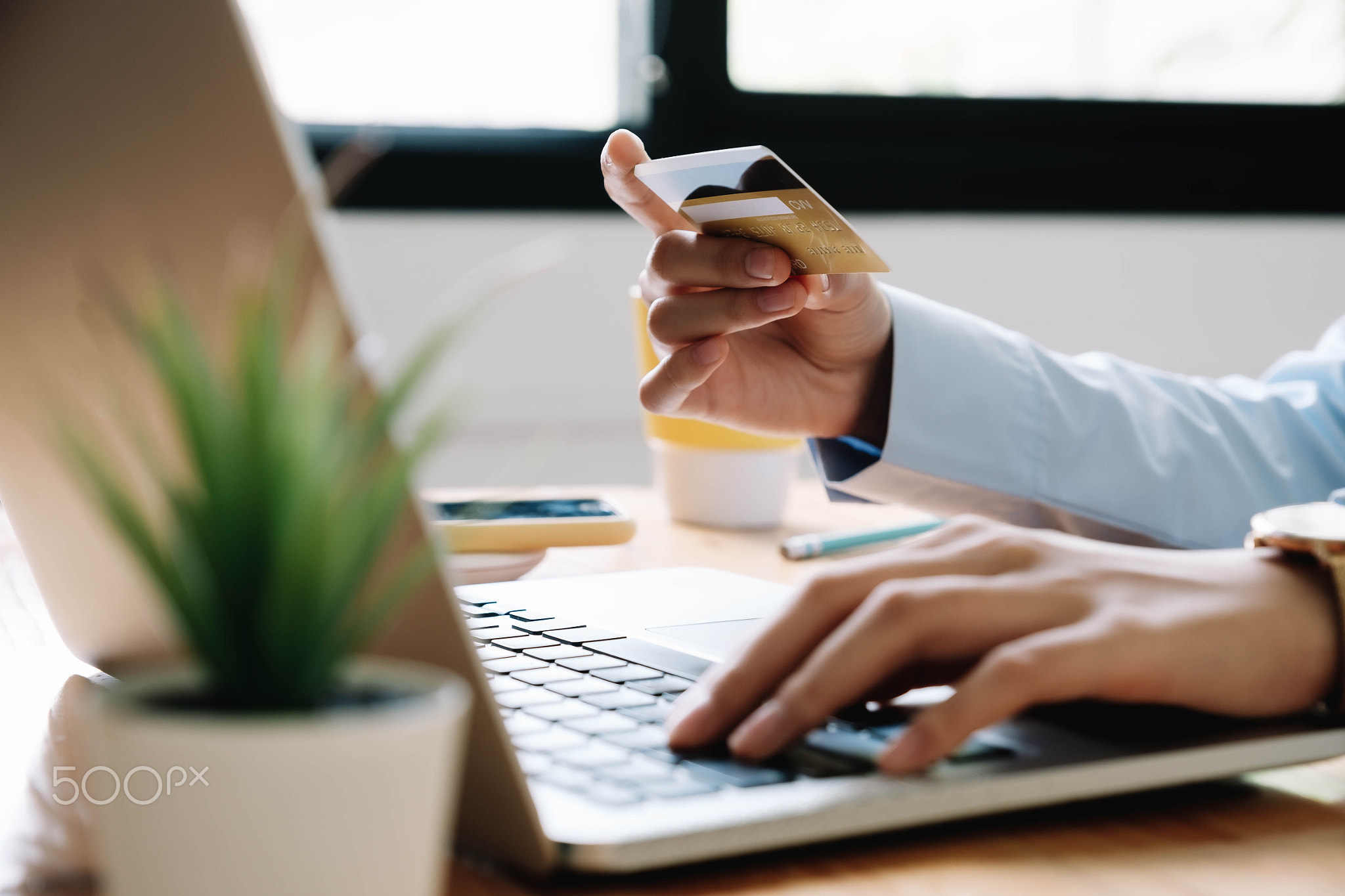 Close up hand of woman holding credit card and using laptop computer