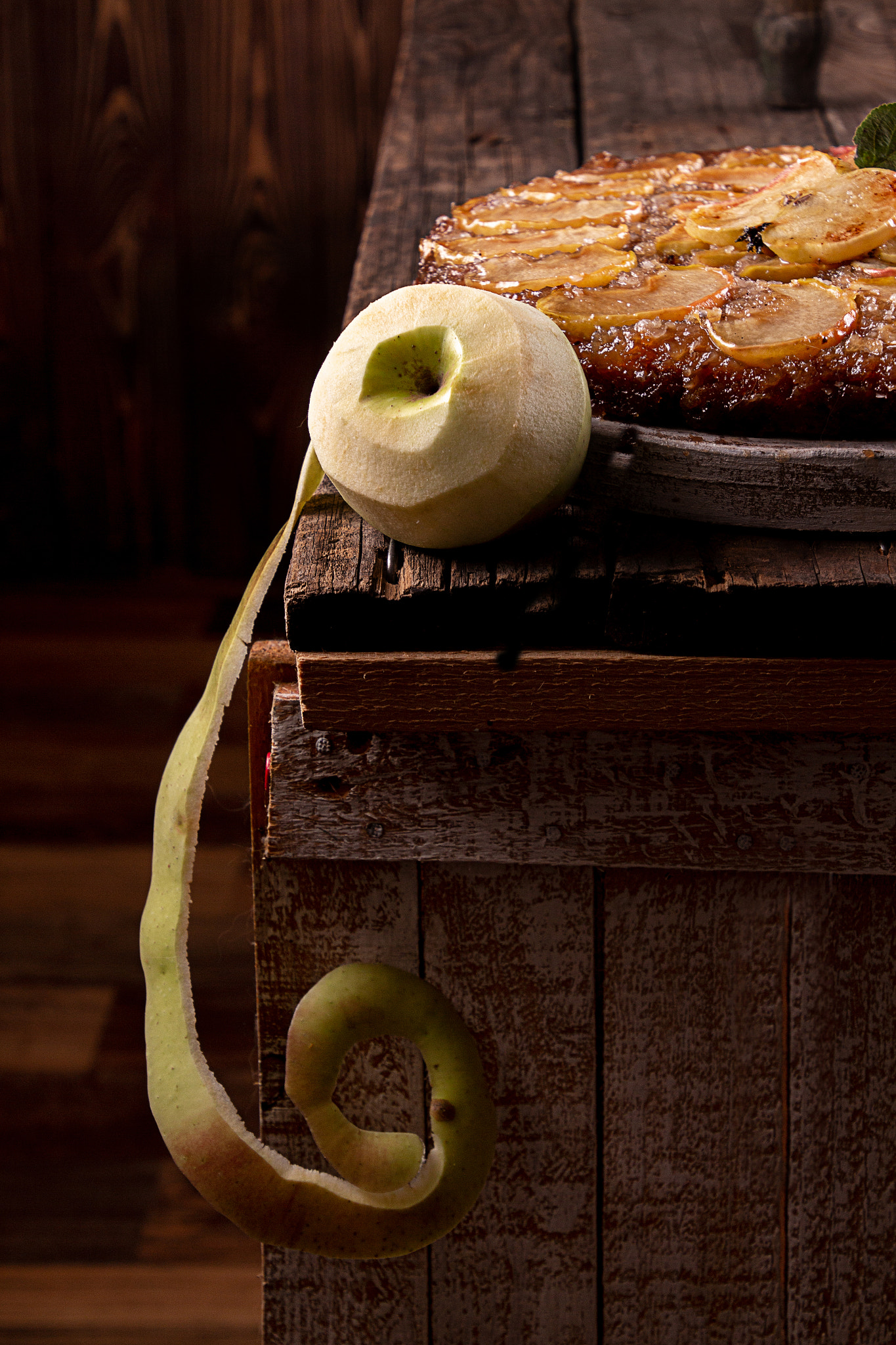 Peeled green apple and french pie tart tatin apple cake upside down