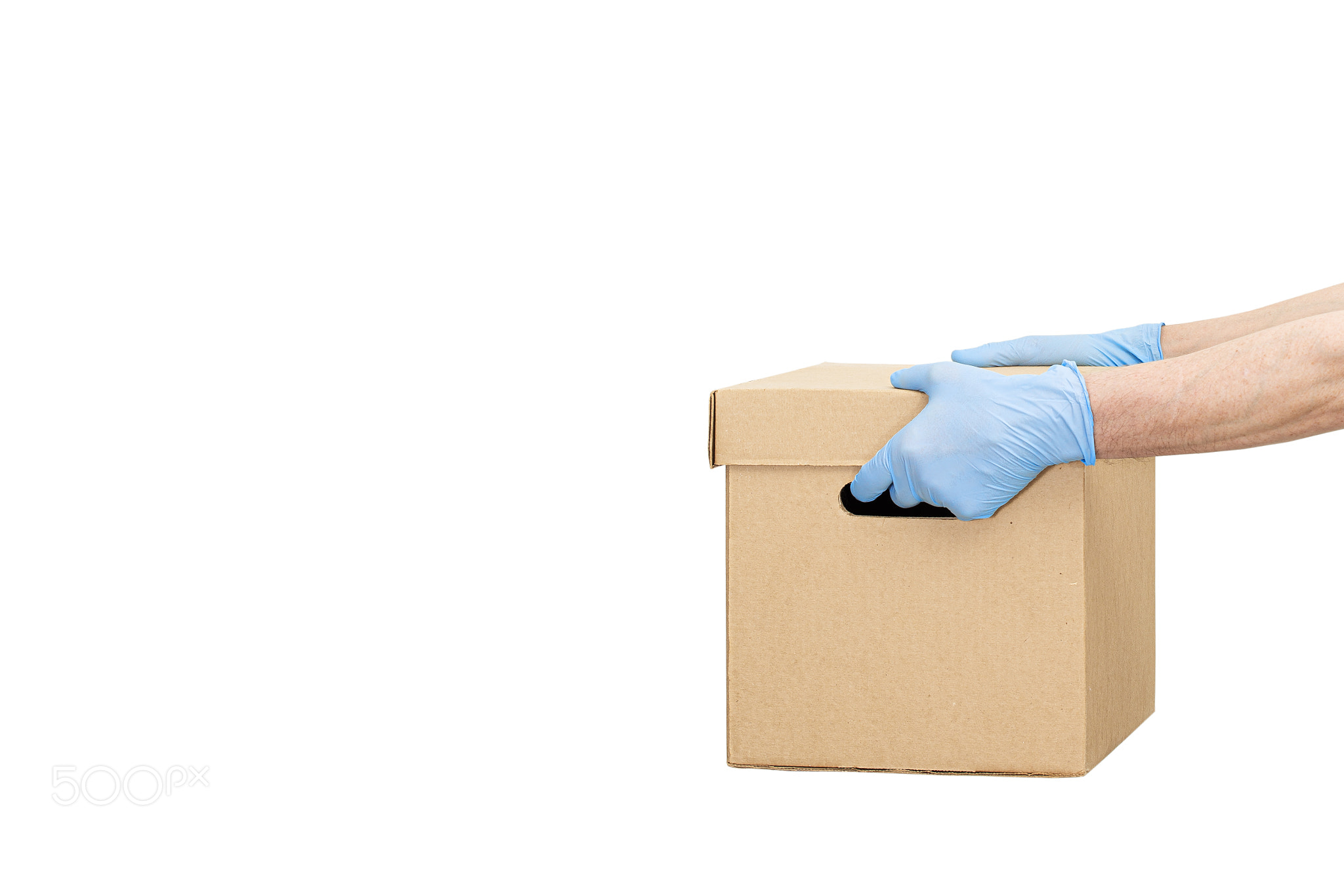 Delivery man holding cardboard boxes in rubber gloves
