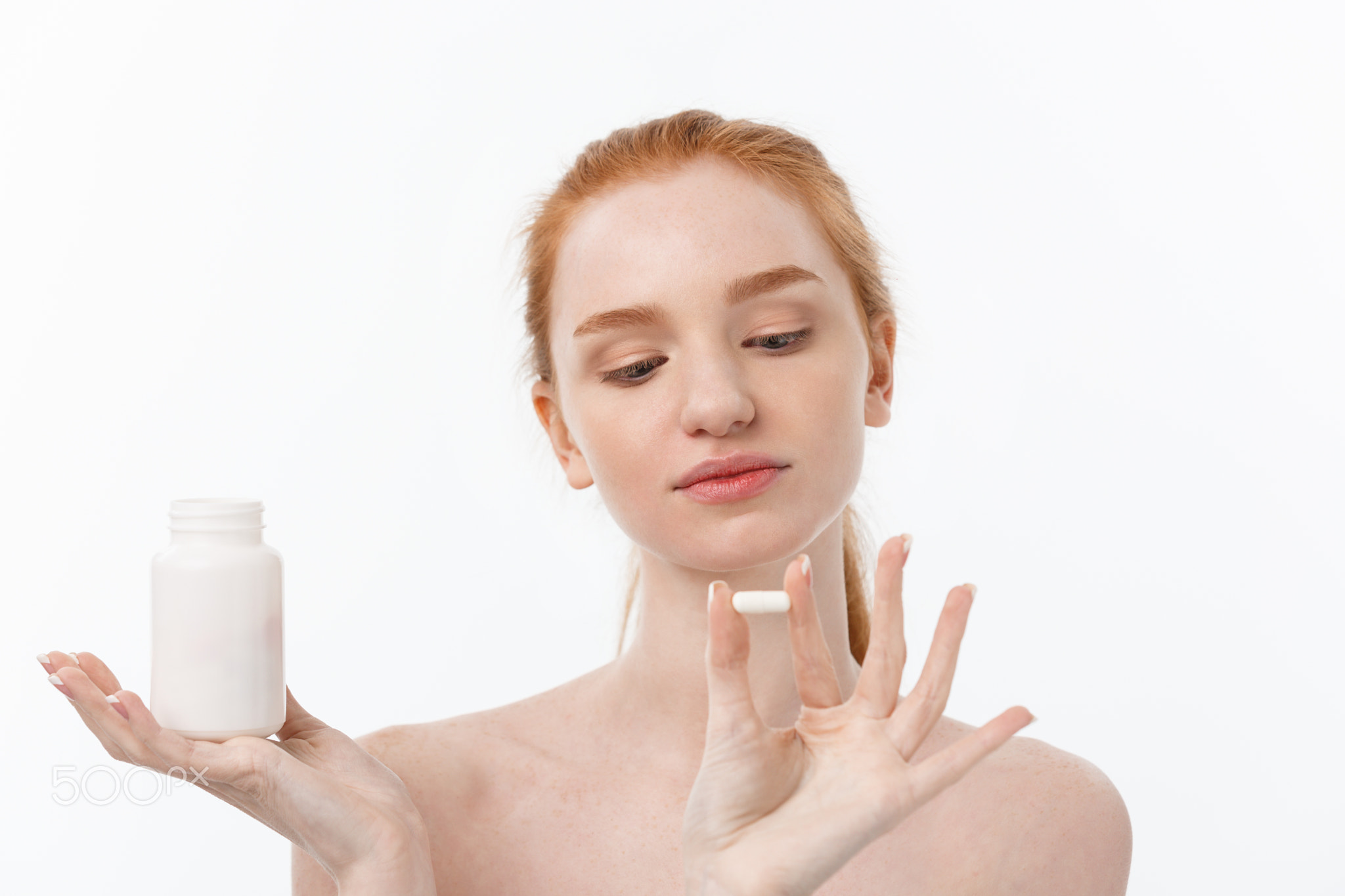 Beautiful Smiling Girl Taking Medication, Holding Bottle With Pills