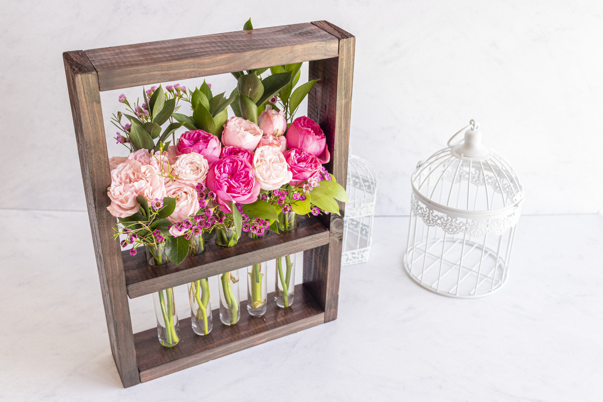 Floral arrangement in wooden box