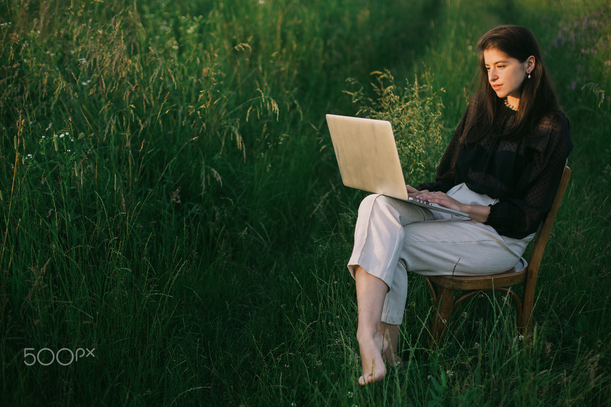 Fashionable elegant girl working on laptop  in summer field