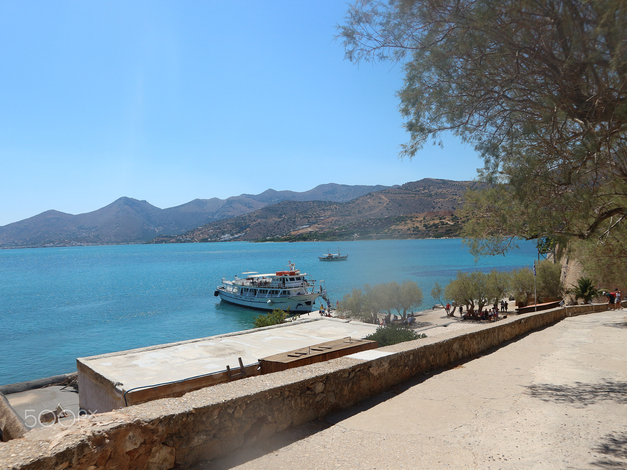 Ocean View from Spinalonga Island with Old Tower Walls and Blue Ocean