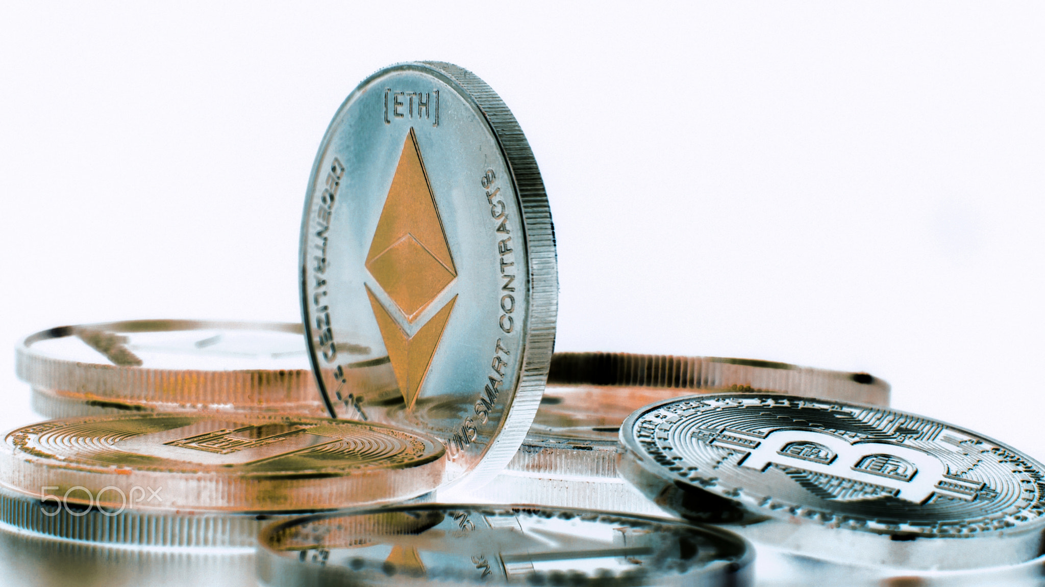 SIlver Ethereum coin on black background. Silver Crypto coin on