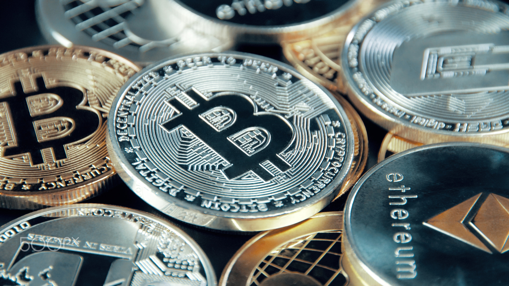 SIlver Bitcoin coin on black background. Silver Crypto coin on