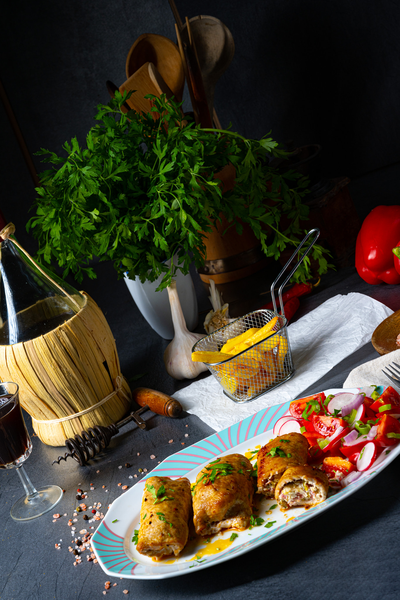 Vegetable roulade from roast  pork loins with salads