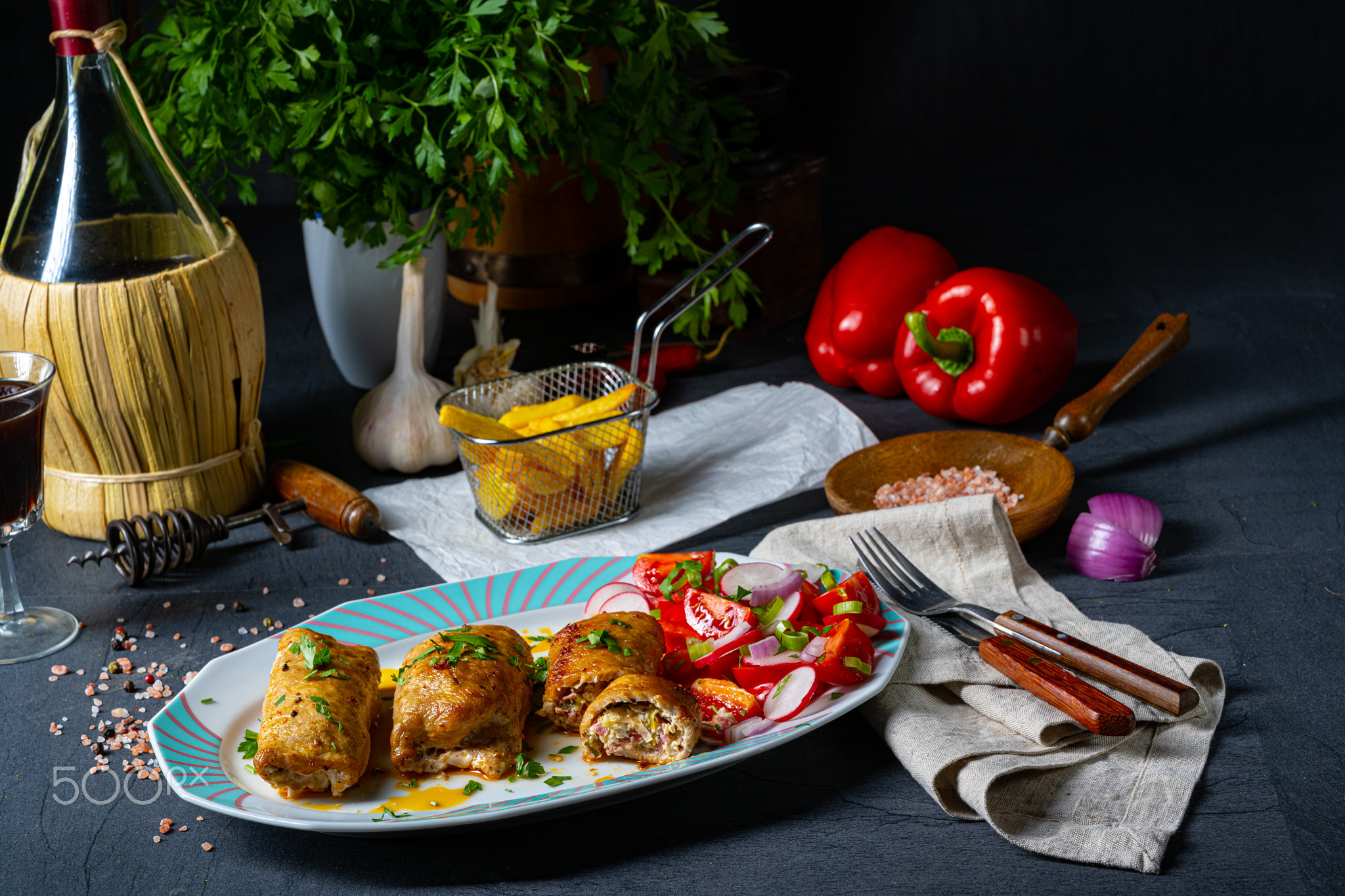 Vegetable roulade from roast  pork loins with salads