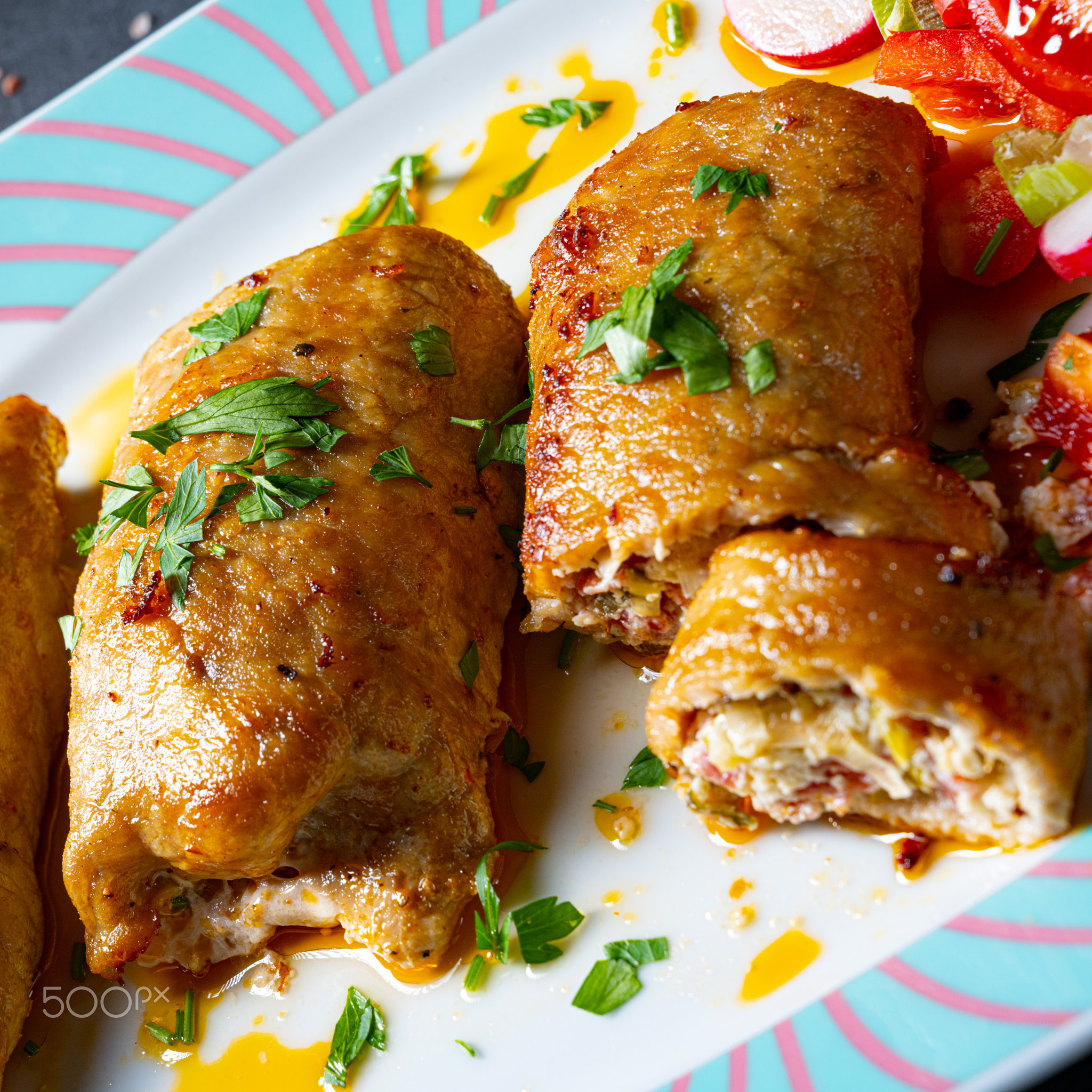 Vegetable roulade from roast  pork loins with salads