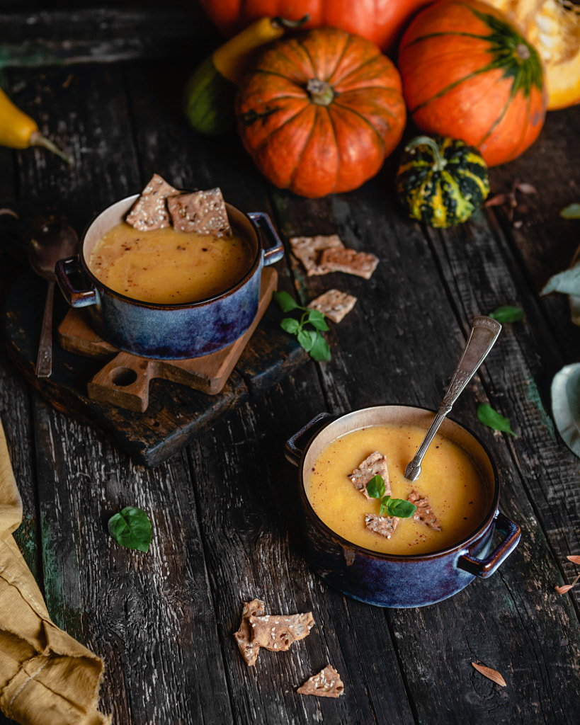 Pumpkin cream soup with crackers by Marina Kuznetcova on 500px.com