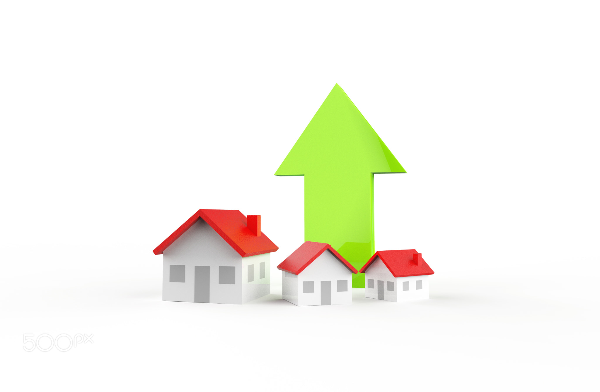 Real estate business growth with green arrow. 3D Illustration.