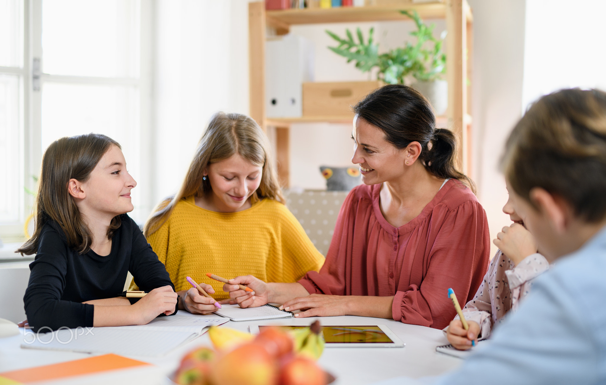 Group of homeschooling children with teacher studying indoors