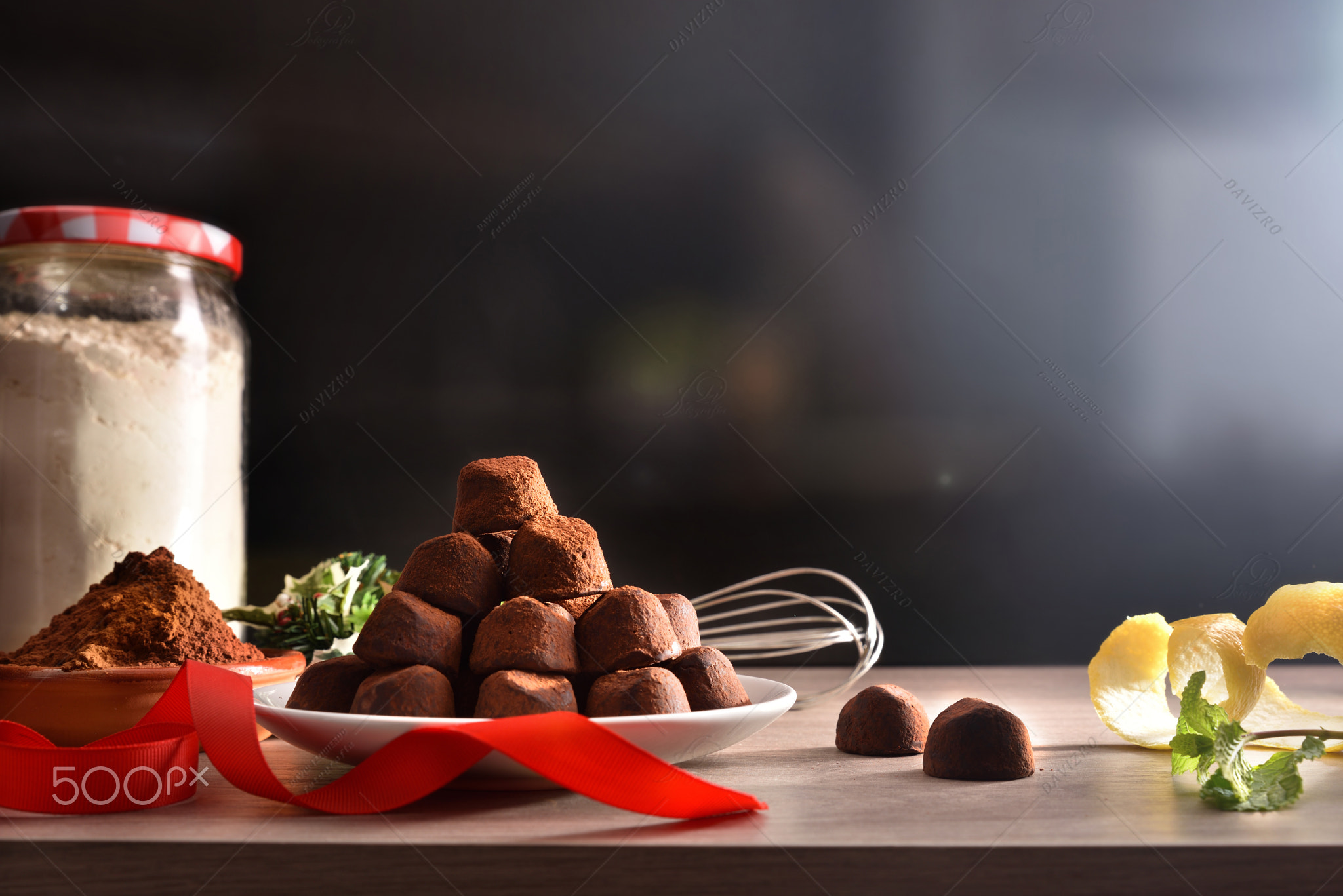 Stack of freshly made chocolate truffles for a special event