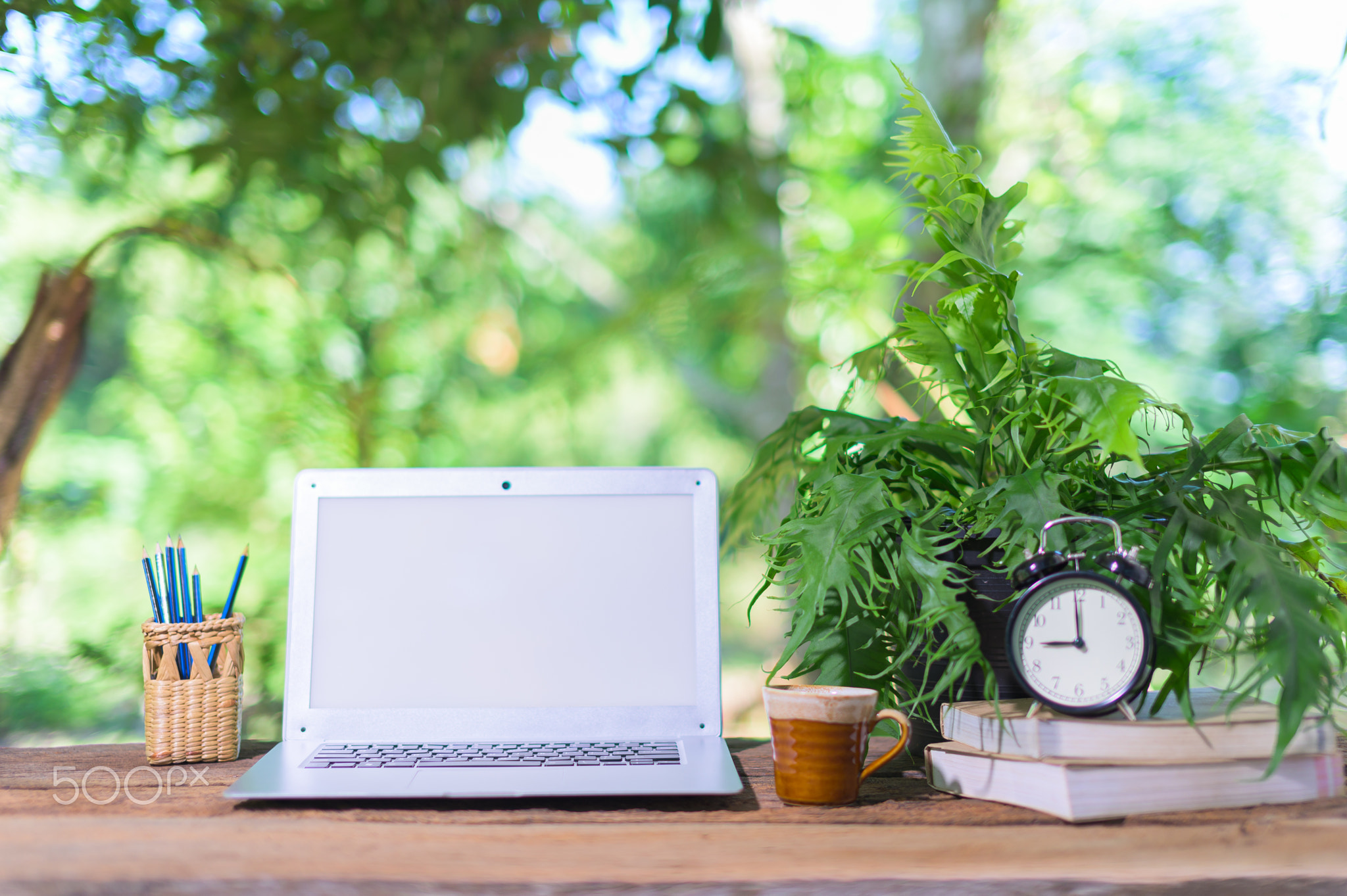 Notebook computer And stationary equipment At the desk, natural view