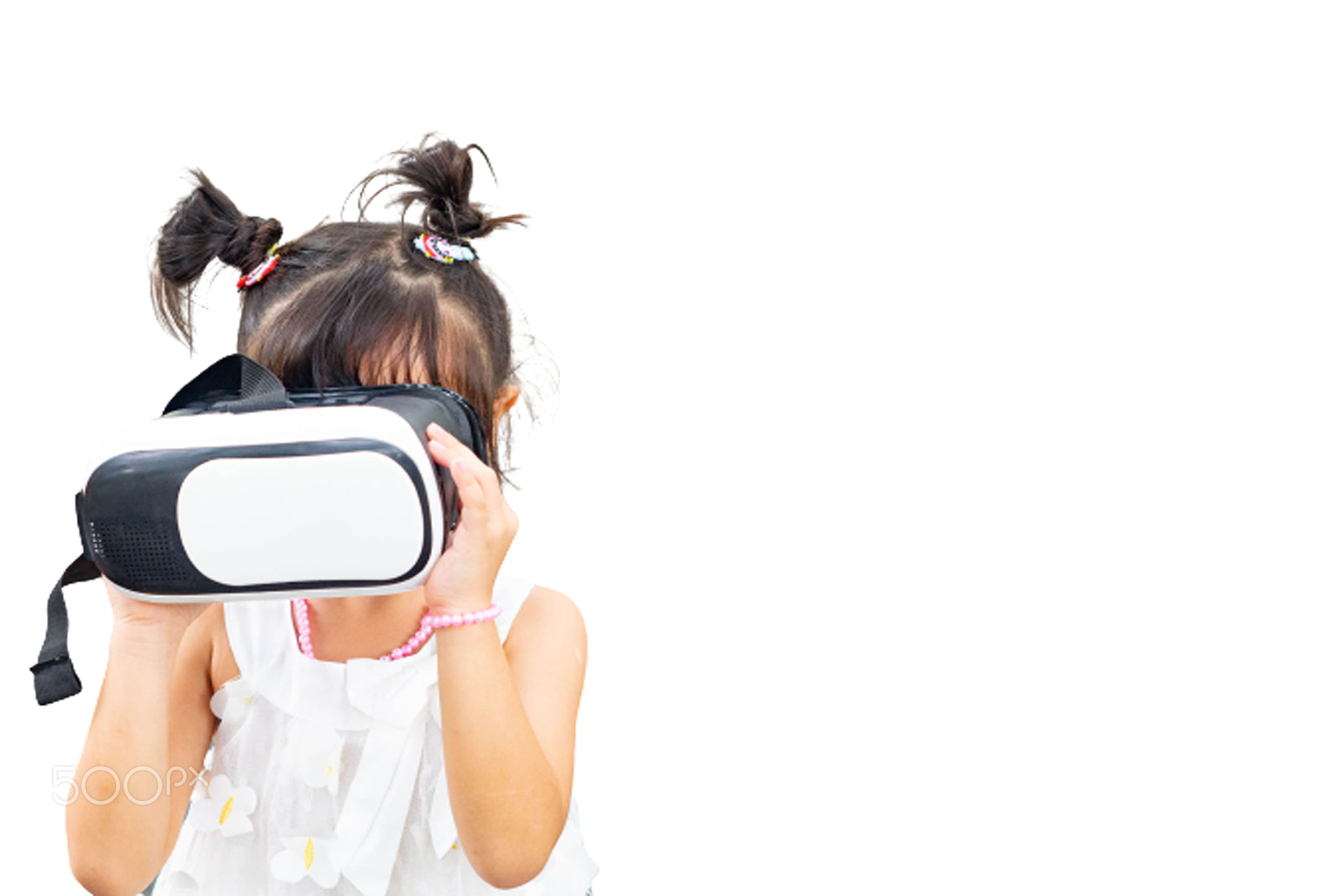 Selective focus.Child girl wear virtual reality video vr game