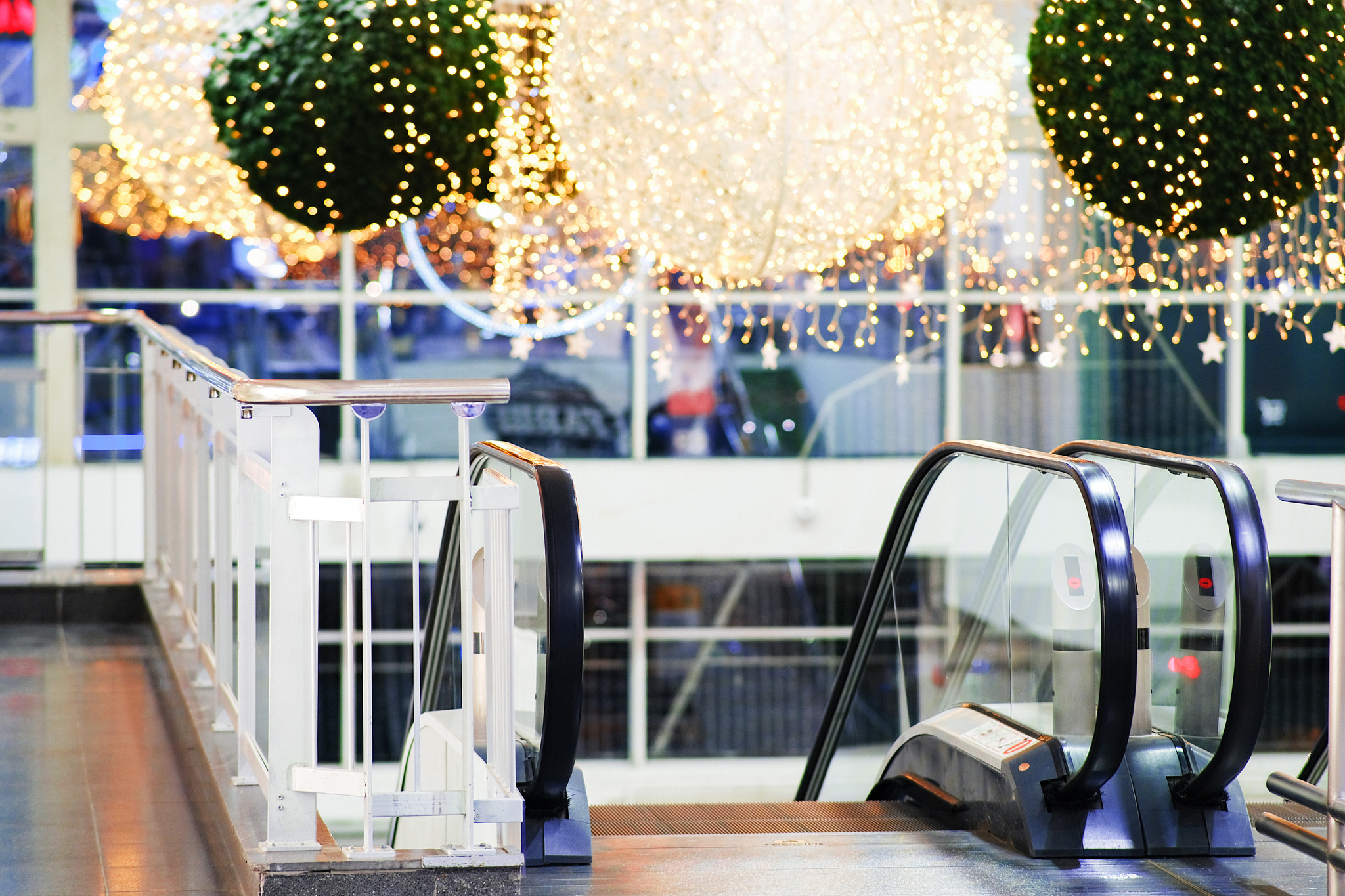 Christmas shopping center escalator beautiful holiday eve illumination