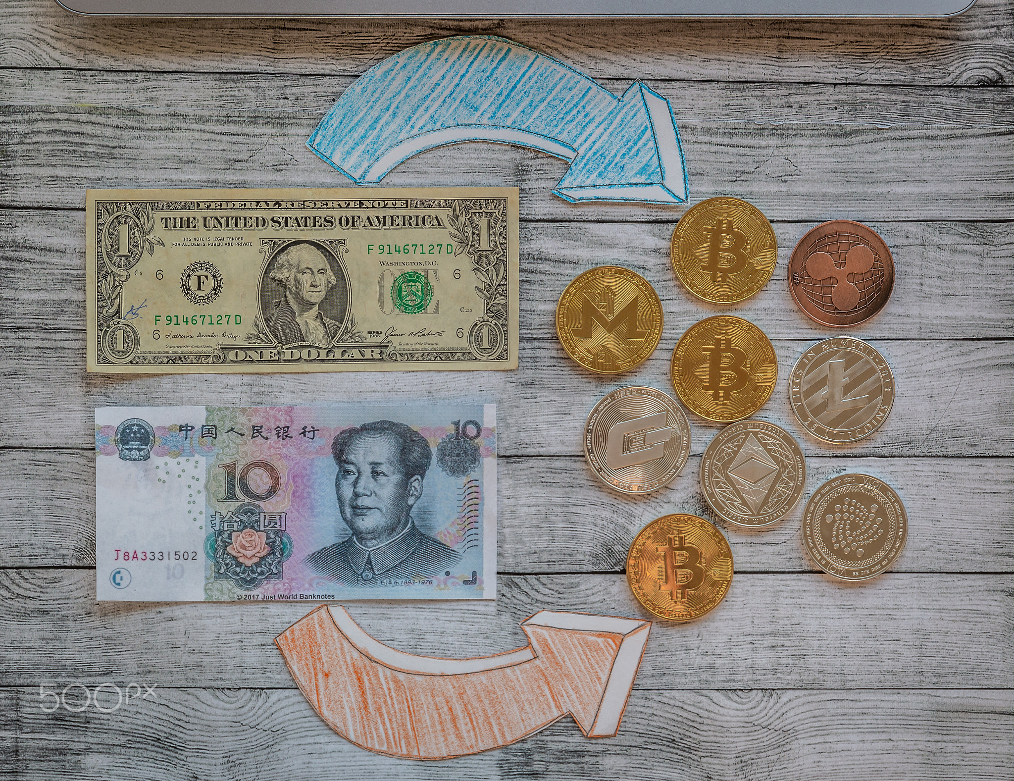Concept about trade war between USA and China. View of a dollar