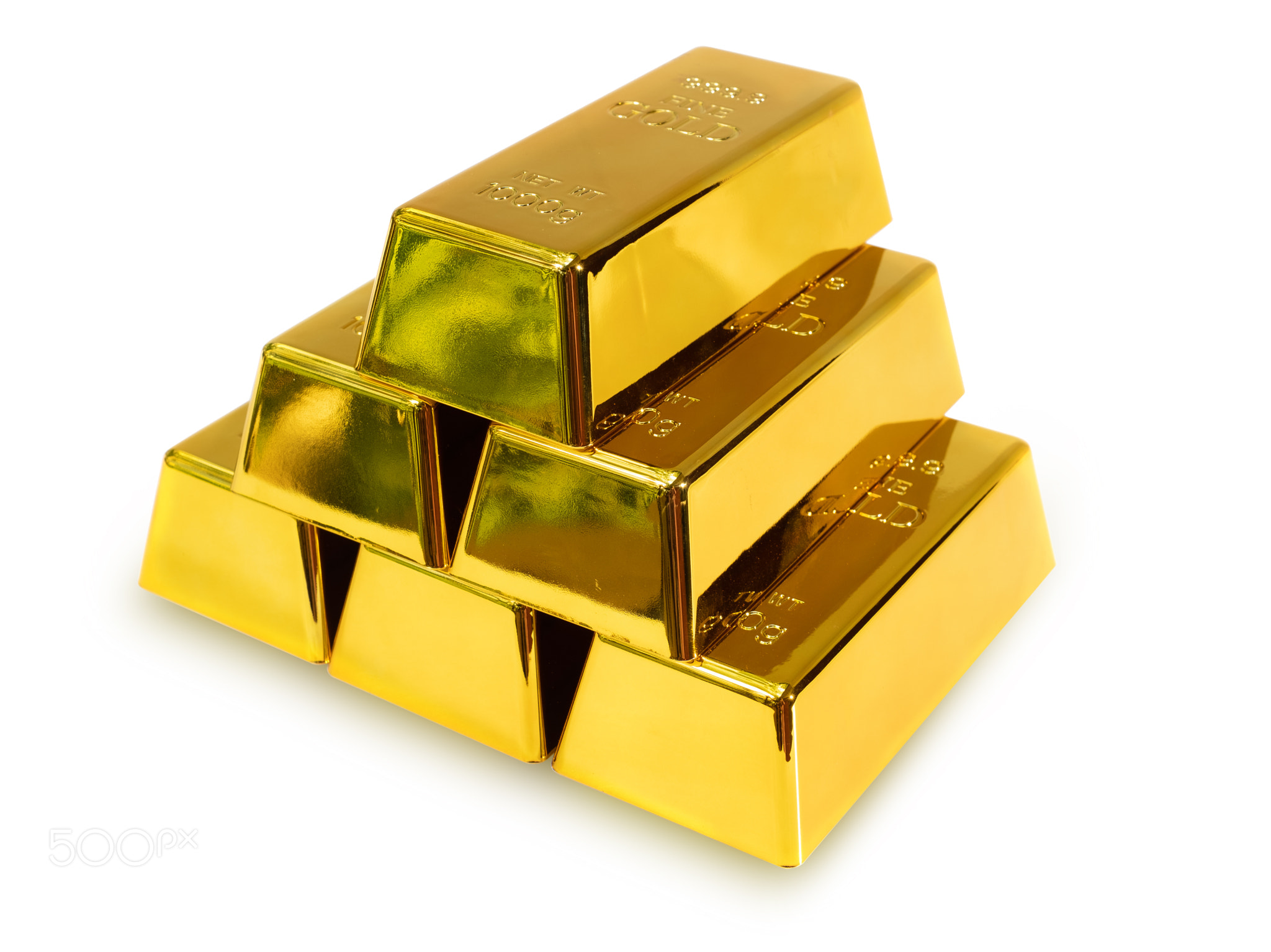 Stack gold bar 1 kg on white background