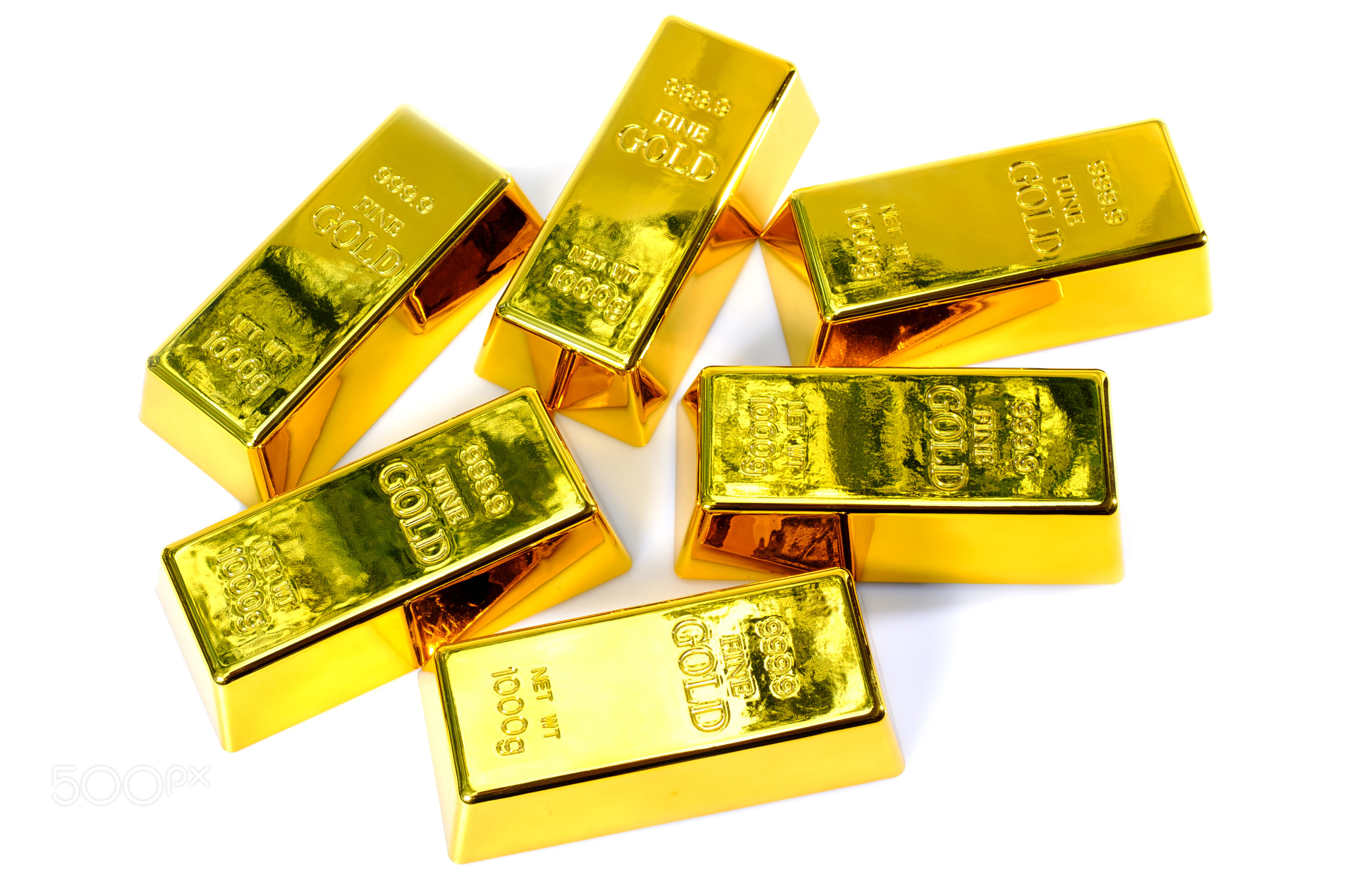 Top view shiny a gold bar 1 kg on white background