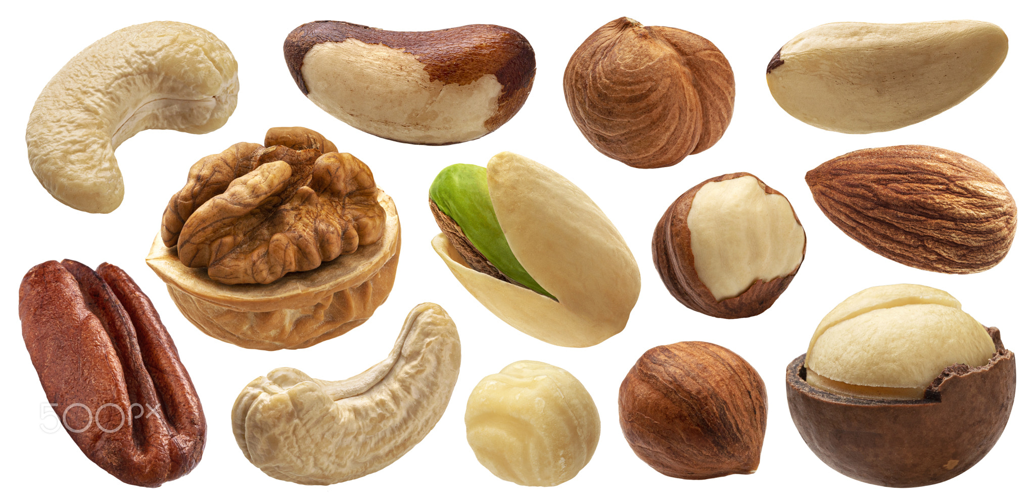 Different nuts collection isolated on white background