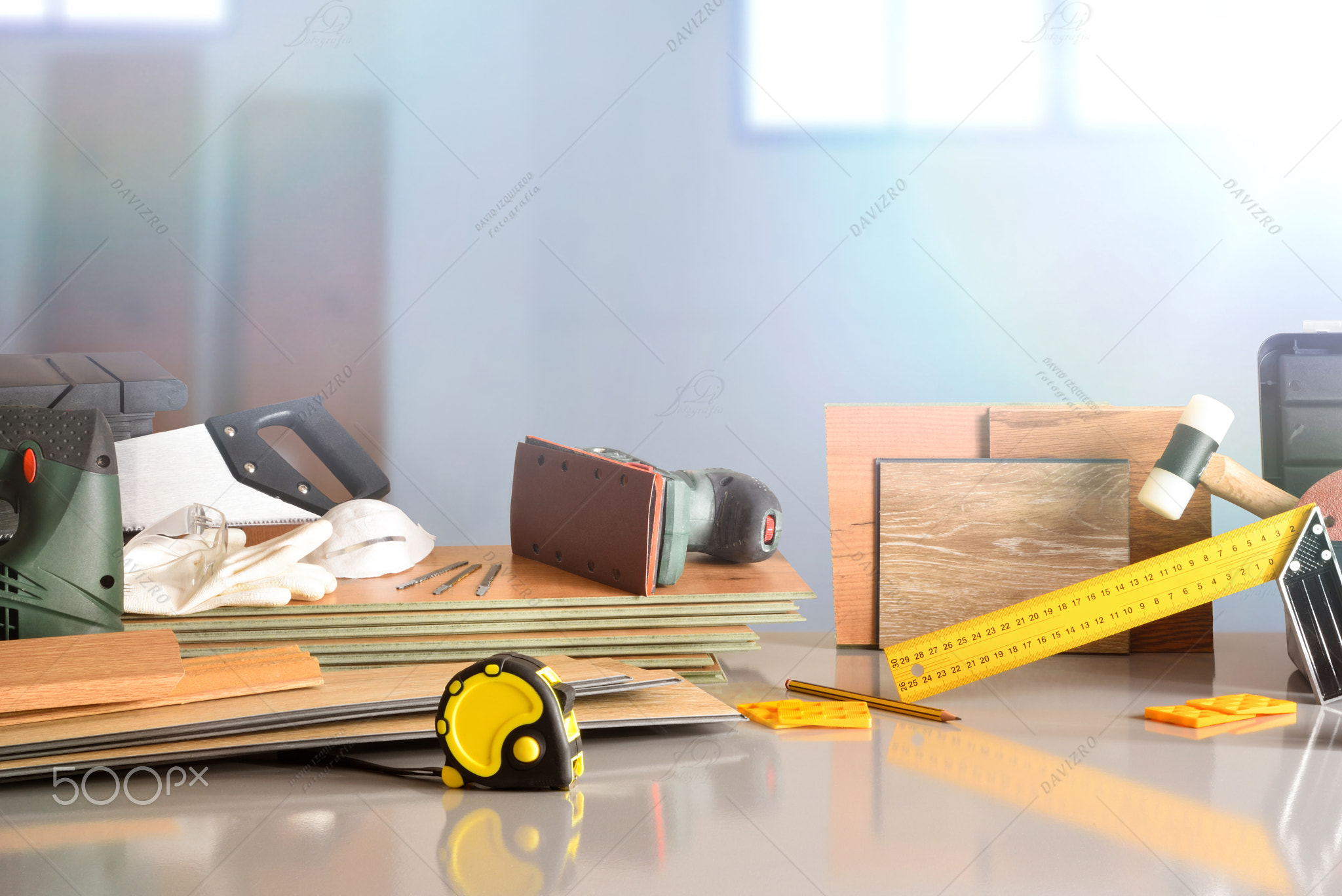 Warehouse with material and tools for parquet assembly closeup