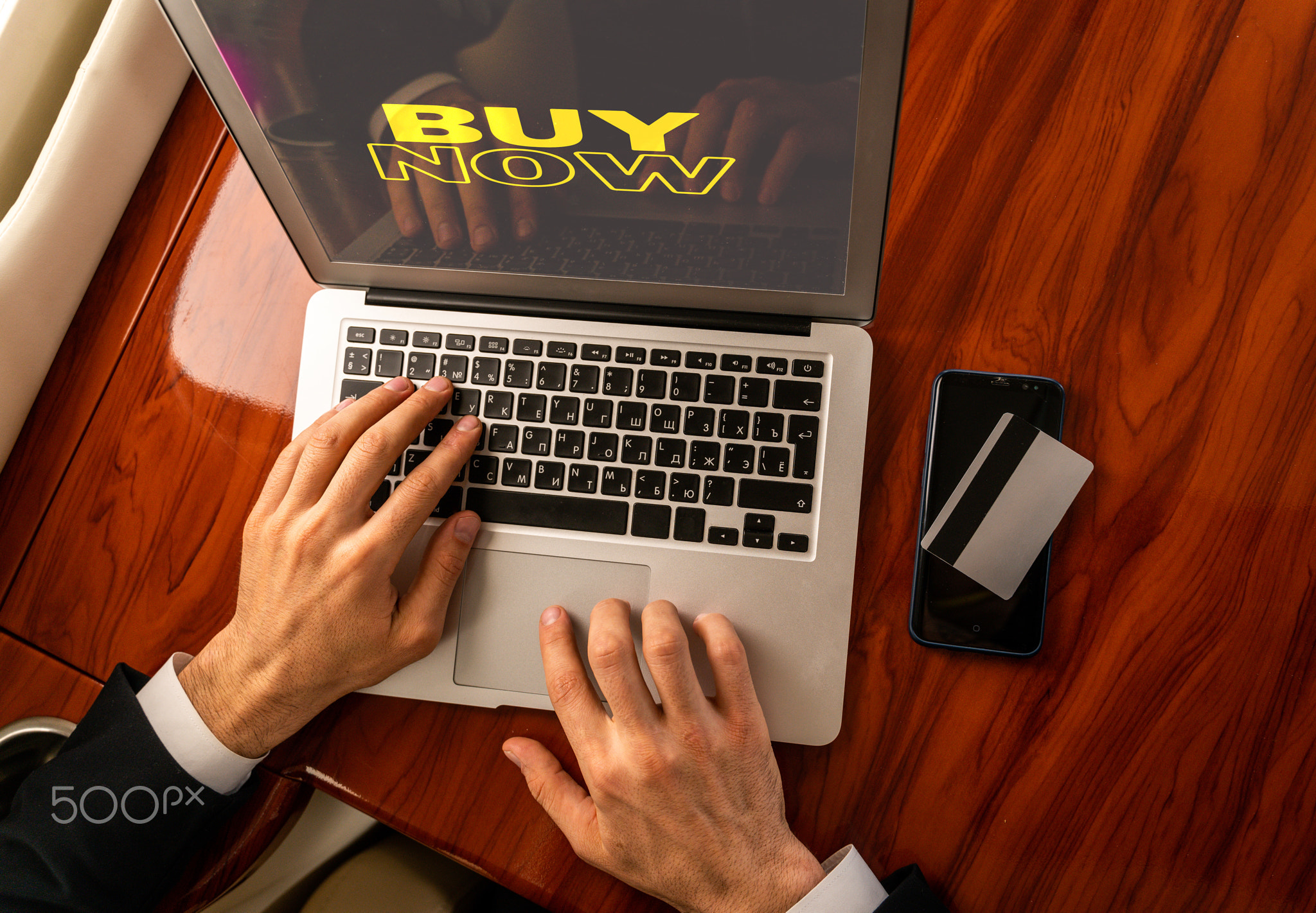 Businessman flying on private jet