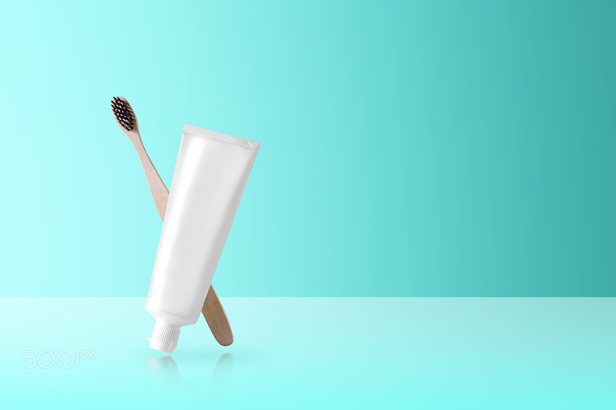 Bamboo brush, white toothpaste mock-up. Banner.