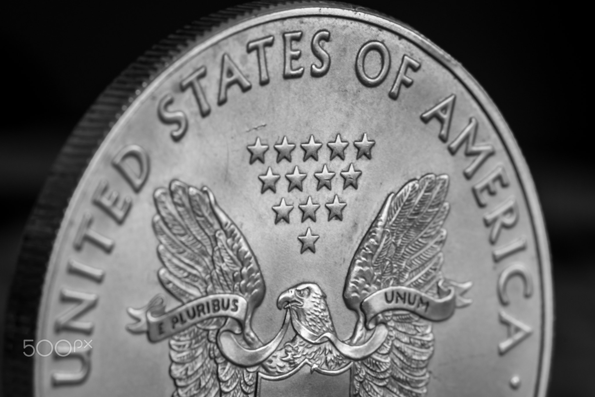 Isolated close up macro of a one ounce .999 US Silver Eagle Coin