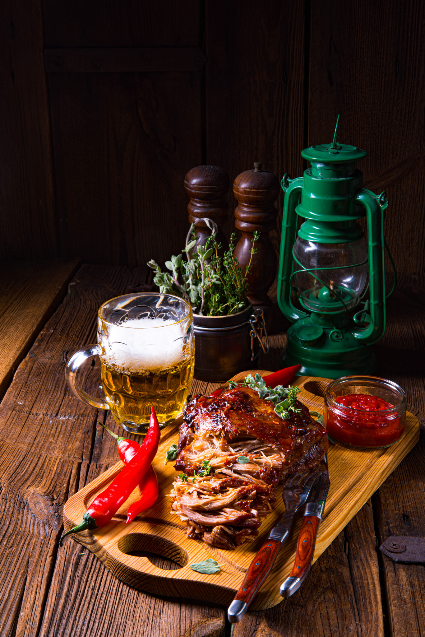 Pulled pork out of the oven with beer sauce