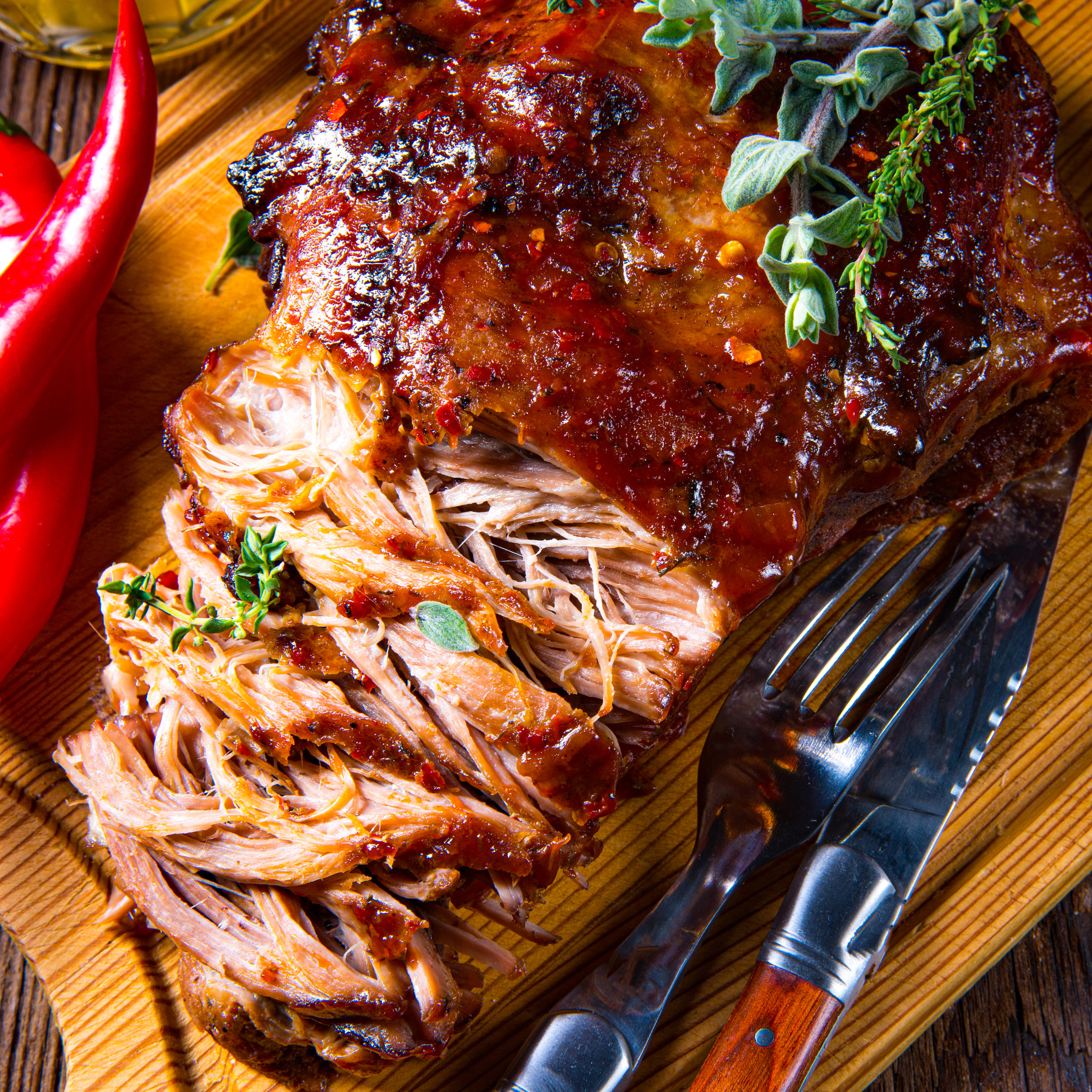 Pulled pork out of the oven with beer sauce