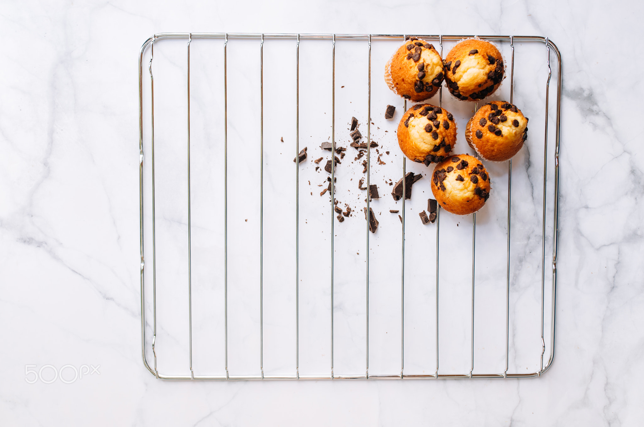 Chocolate Chip Muffins on the oven rack. Homemade baked. Overhead view